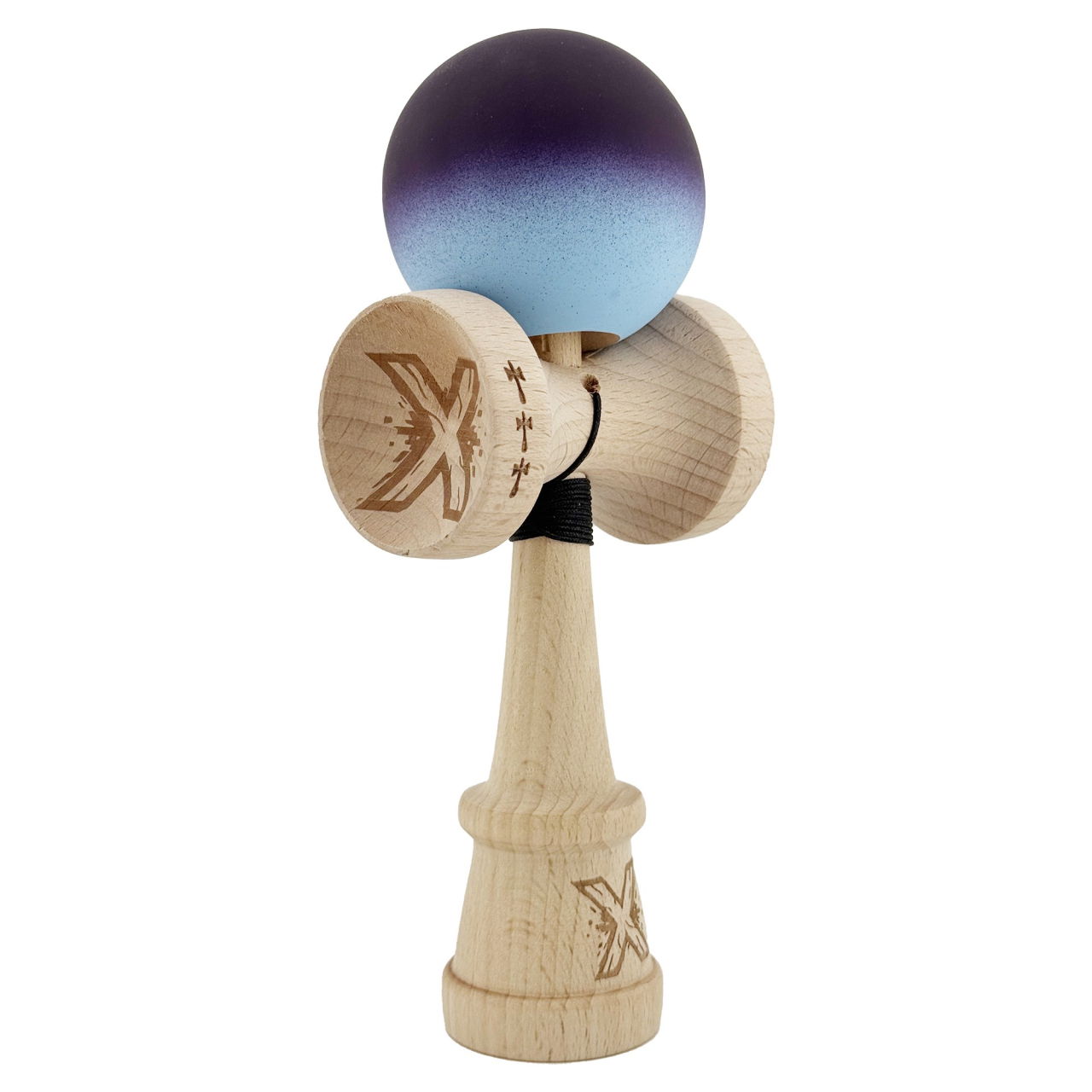 Kendama X Originala, Profesionala, Flippy, Cupe Mari KING SIZE V3, Rubber Grip, Gaura in Baza, Rulment Metalic, din lemn 18 cm, Ata 62/65 cm, Gradient Negru/Albastru deschis [1]
