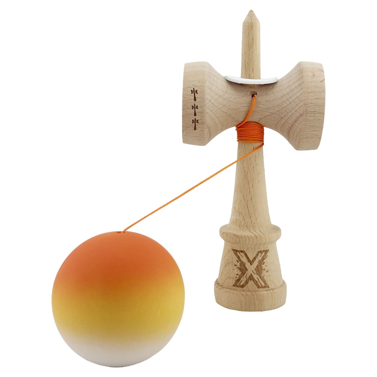 Kendama X Originala, Profesionala, Flippy, Cupe Mari KING SIZE V3, Rubber Grip, Gaura in Baza, Rulment Metalic, din lemn 18 cm, Ata 62/65 cm, Gradient Portocaliu/Galben/Alb [5]