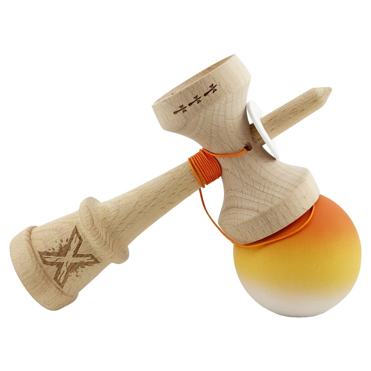 Kendama X Originala, Profesionala, Flippy, Cupe Mari KING SIZE V3, Rubber Grip, Gaura in Baza, Rulment Metalic, din lemn 18 cm, Ata 62/65 cm, Gradient Portocaliu/Galben/Alb [4]