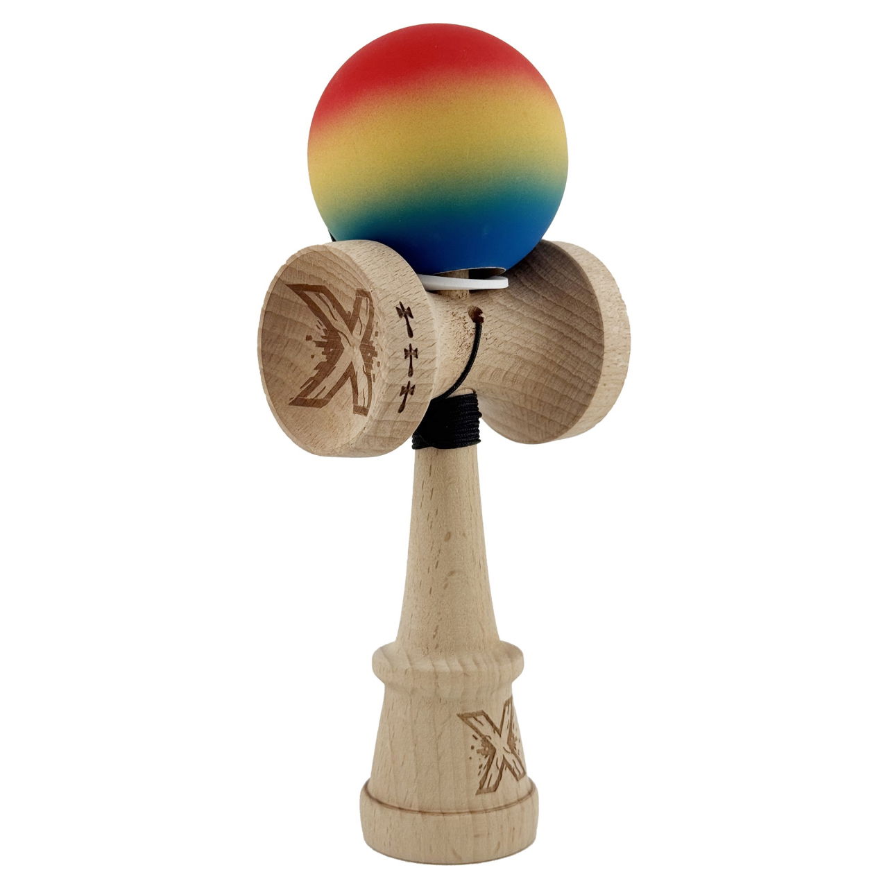 Kendama X Originala, Profesionala, Flippy, Cupe Mari KING SIZE V3, Rubber Grip, Gaura in Baza, Rulment Metalic, din lemn 18 cm, Ata 62/65 cm, Gradient Rosu/Galben/Albastru [1]