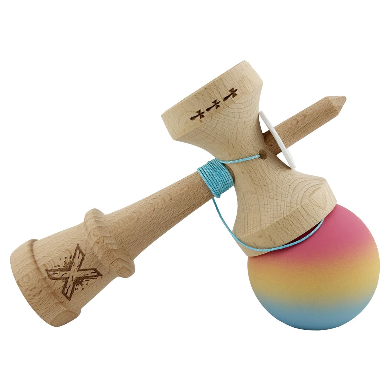 Kendama X Originala, Profesionala, Flippy, Cupe Mari KING SIZE V3, Rubber Grip, Gaura in Baza, Rulment Metalic, din lemn 18 cm, Ata 62/65 cm, Gradient Roz/Galben/Albastru deschis [4]
