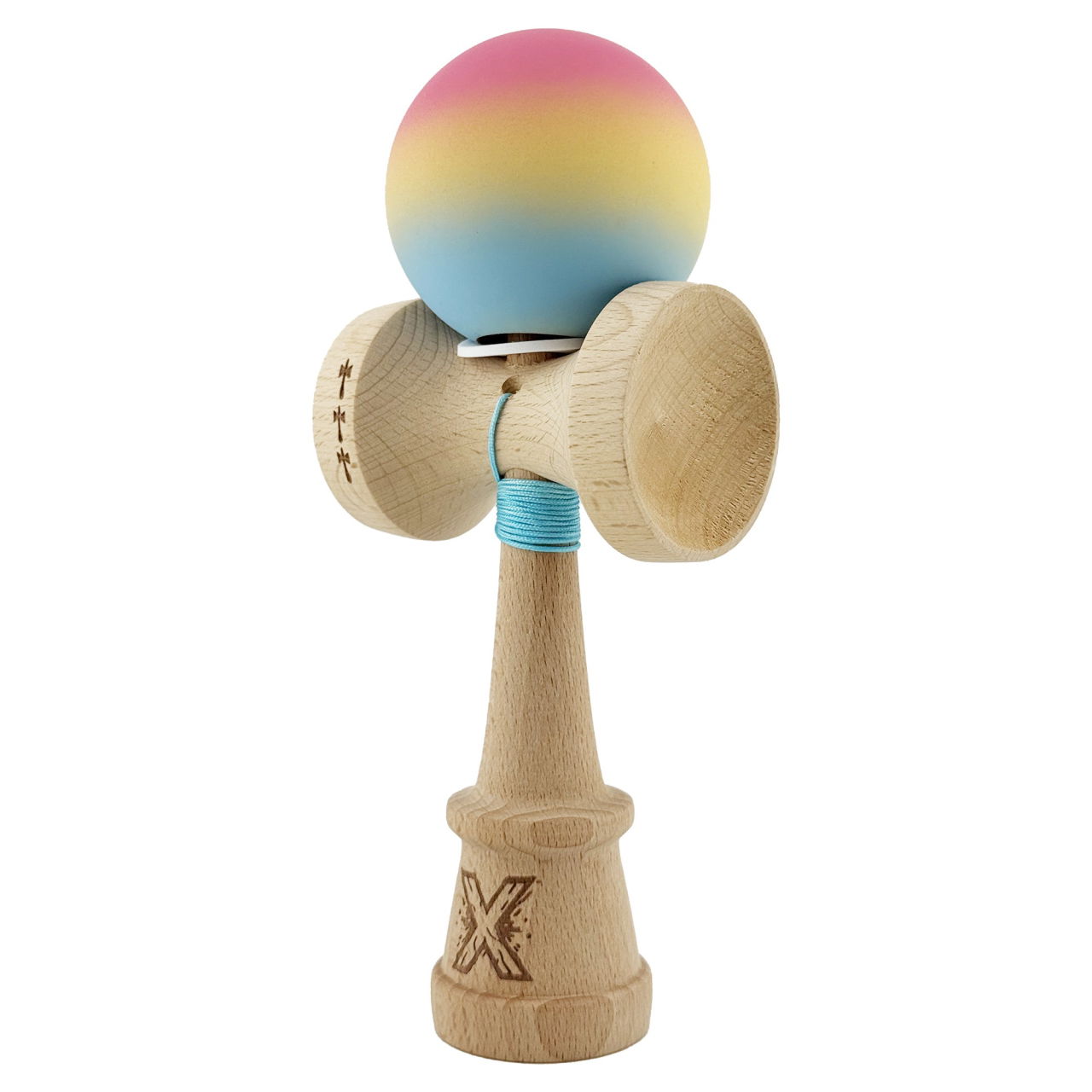 Kendama X Originala, Profesionala, Flippy, Cupe Mari KING SIZE V3, Rubber Grip, Gaura in Baza, Rulment Metalic, din lemn 18 cm, Ata 62/65 cm, Gradient Roz/Galben/Albastru deschis [3]