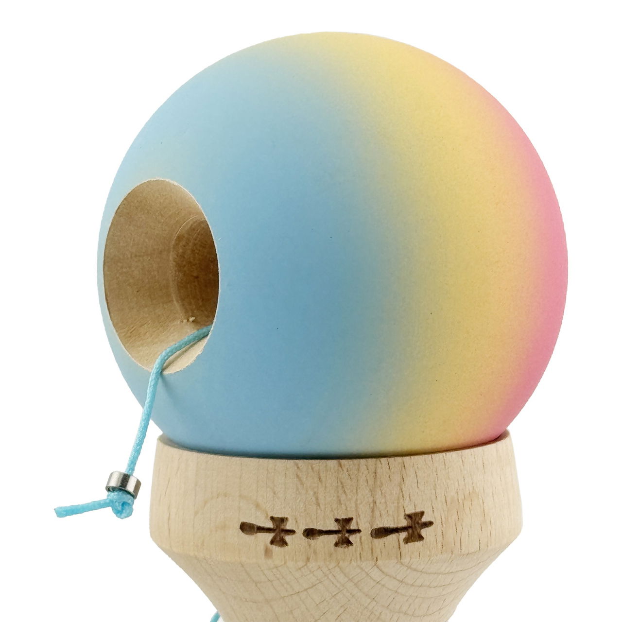 Kendama X Originala, Profesionala, Flippy, Cupe Mari KING SIZE V3, Rubber Grip, Gaura in Baza, Rulment Metalic, din lemn 18 cm, Ata 62/65 cm, Gradient Roz/Galben/Albastru deschis [6]