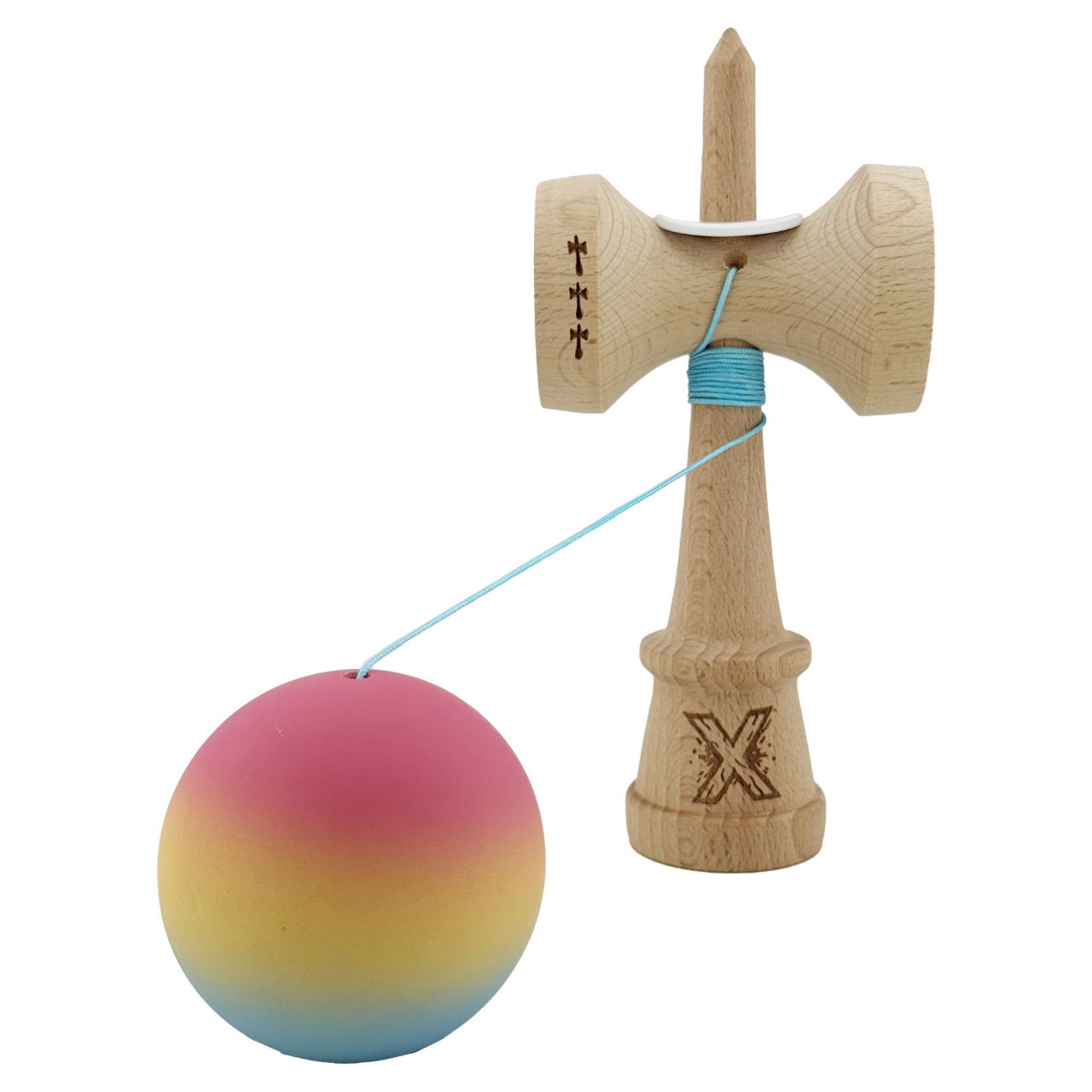 Kendama X Originala, Profesionala, Flippy, Cupe Mari KING SIZE V3, Rubber Grip, Gaura in Baza, Rulment Metalic, din lemn 18 cm, Ata 62/65 cm, Gradient Roz/Galben/Albastru deschis [5]