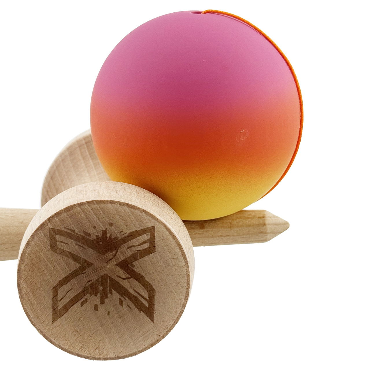 Kendama X Originala, Profesionala, Flippy, Cupe Mari KING SIZE V3, Rubber Grip, Gaura in Baza, Rulment Metalic, din lemn 18 cm, Ata 62/65 cm, Gradient Roz/Rosu/Galben [8]