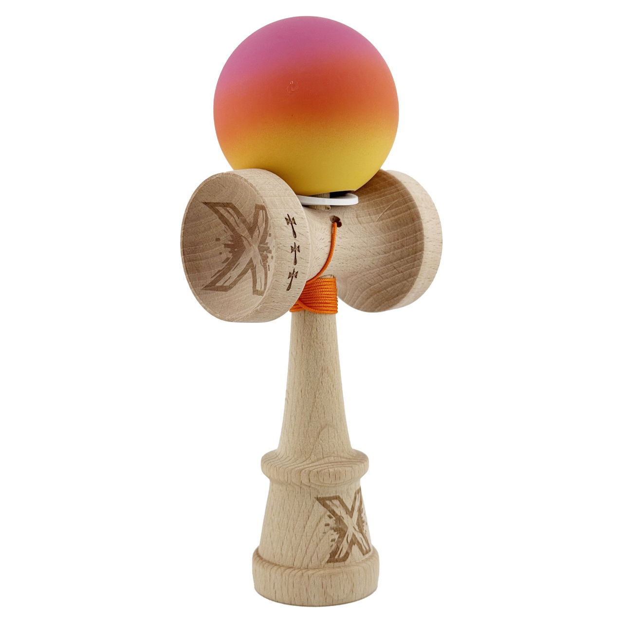 Kendama X Originala, Profesionala, Flippy, Cupe Mari KING SIZE V3, Rubber Grip, Gaura in Baza, Rulment Metalic, din lemn 18 cm, Ata 62/65 cm, Gradient Roz/Rosu/Galben [1]