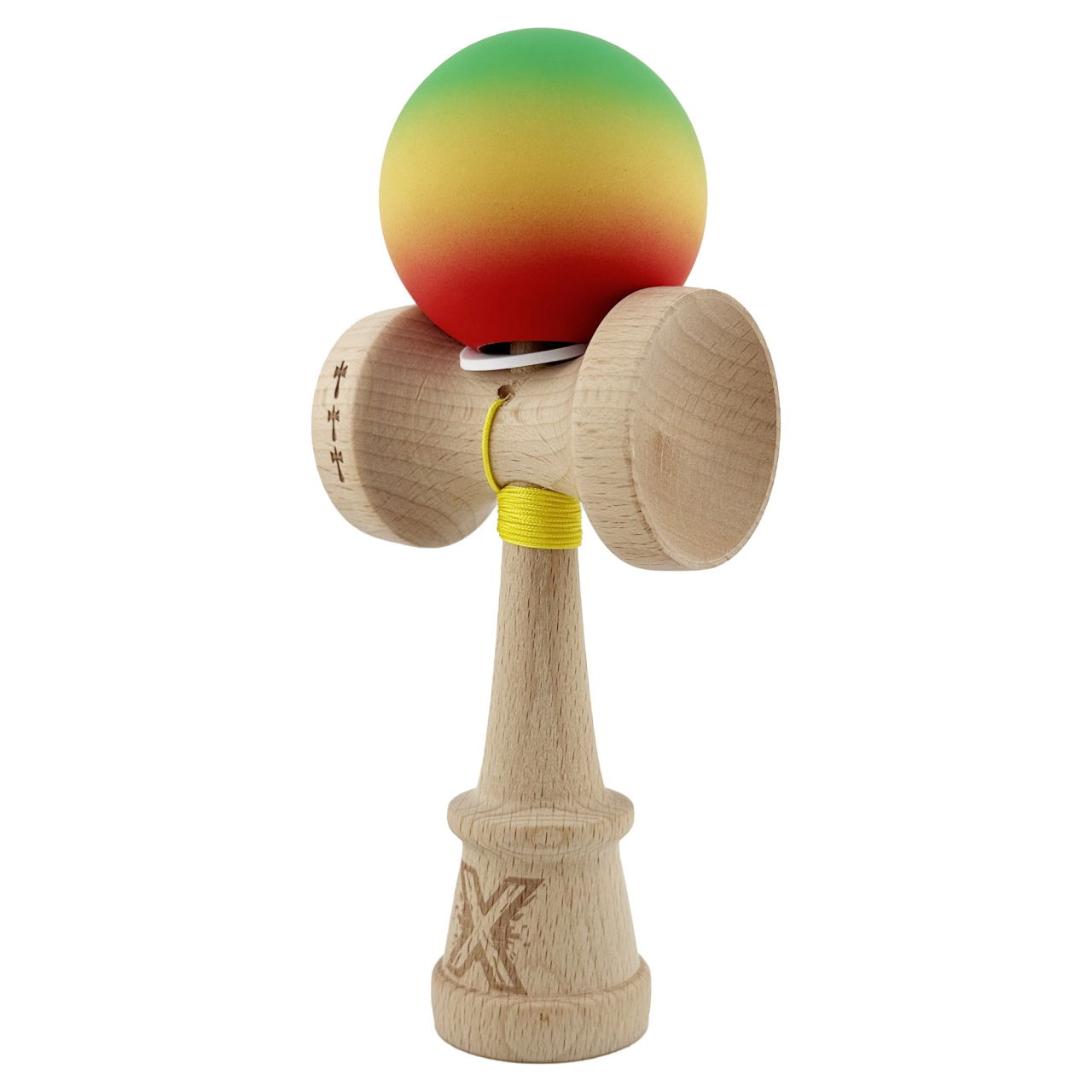Kendama X Originala, Profesionala, Flippy, Cupe Mari KING SIZE V3, Rubber Grip, Gaura in Baza, Rulment Metalic, din lemn 18 cm, Ata 62/65 cm, Gradient Verde/Galben/Rosu [3]