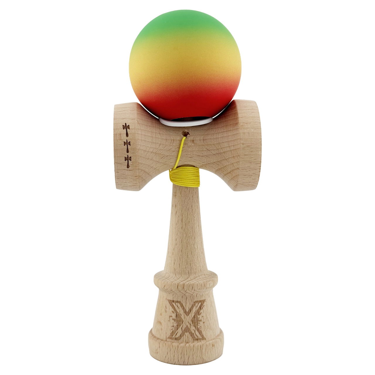 Kendama X Originala, Profesionala, Flippy, Cupe Mari KING SIZE V3, Rubber Grip, Gaura in Baza, Rulment Metalic, din lemn 18 cm, Ata 62/65 cm, Gradient Verde/Galben/Rosu [2]