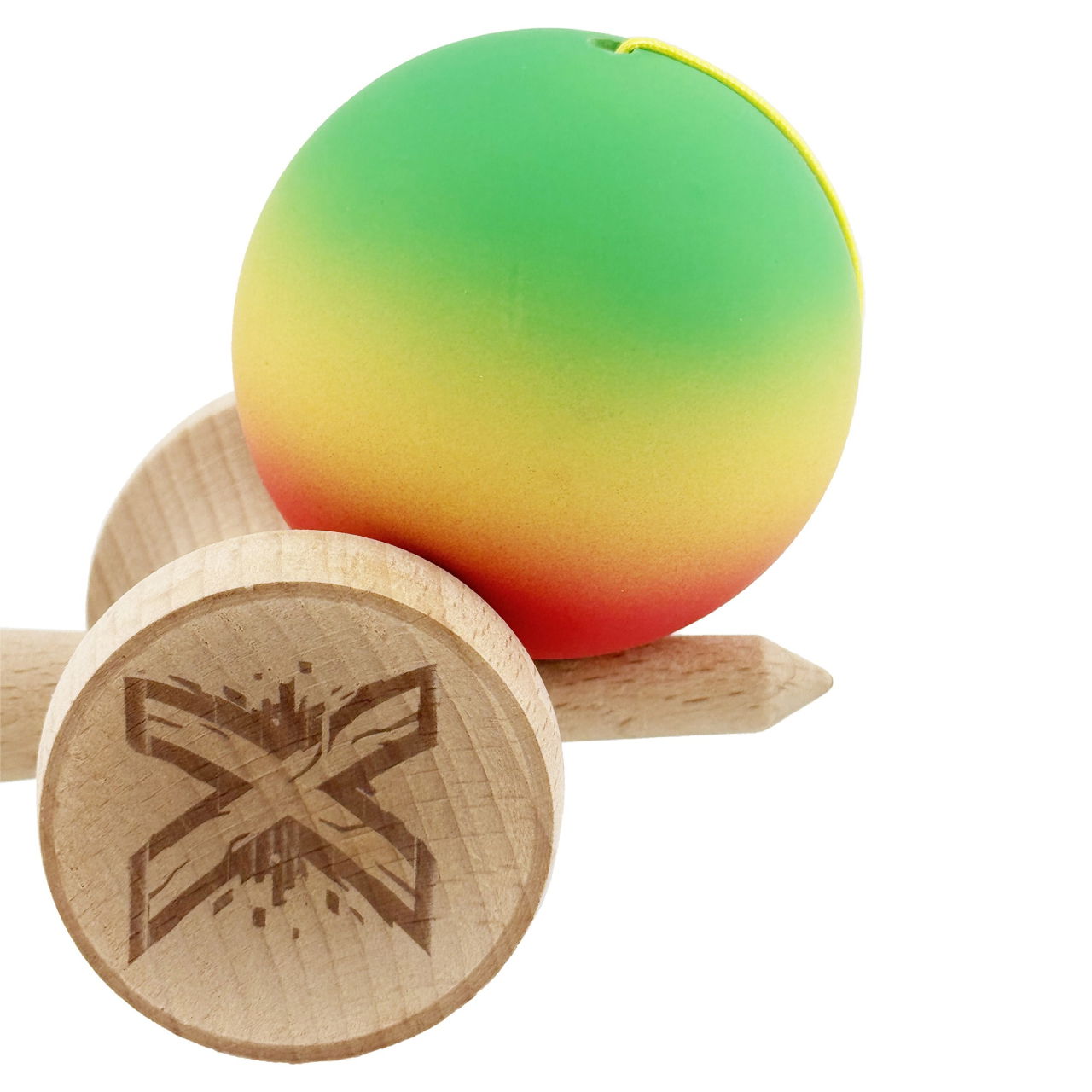 Kendama X Originala, Profesionala, Flippy, Cupe Mari KING SIZE V3, Rubber Grip, Gaura in Baza, Rulment Metalic, din lemn 18 cm, Ata 62/65 cm, Gradient Verde/Galben/Rosu [8]