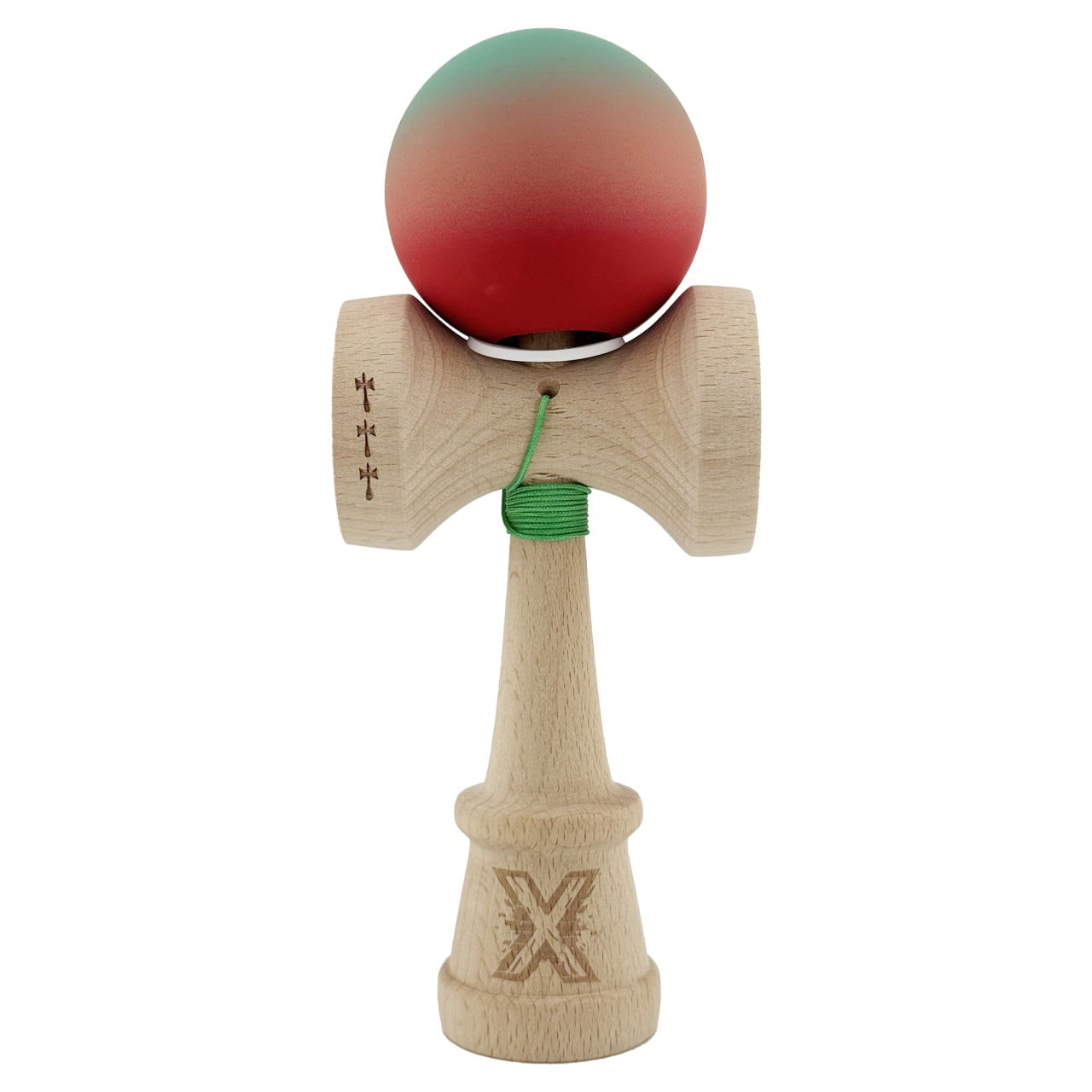 Kendama X Originala, Profesionala, Flippy, Cupe Mari KING SIZE V3, Rubber Grip, Gaura in Baza, Rulment Metalic, din lemn 18 cm, Ata 62/65 cm, Gradient Verde/Roz/Rosu [2]