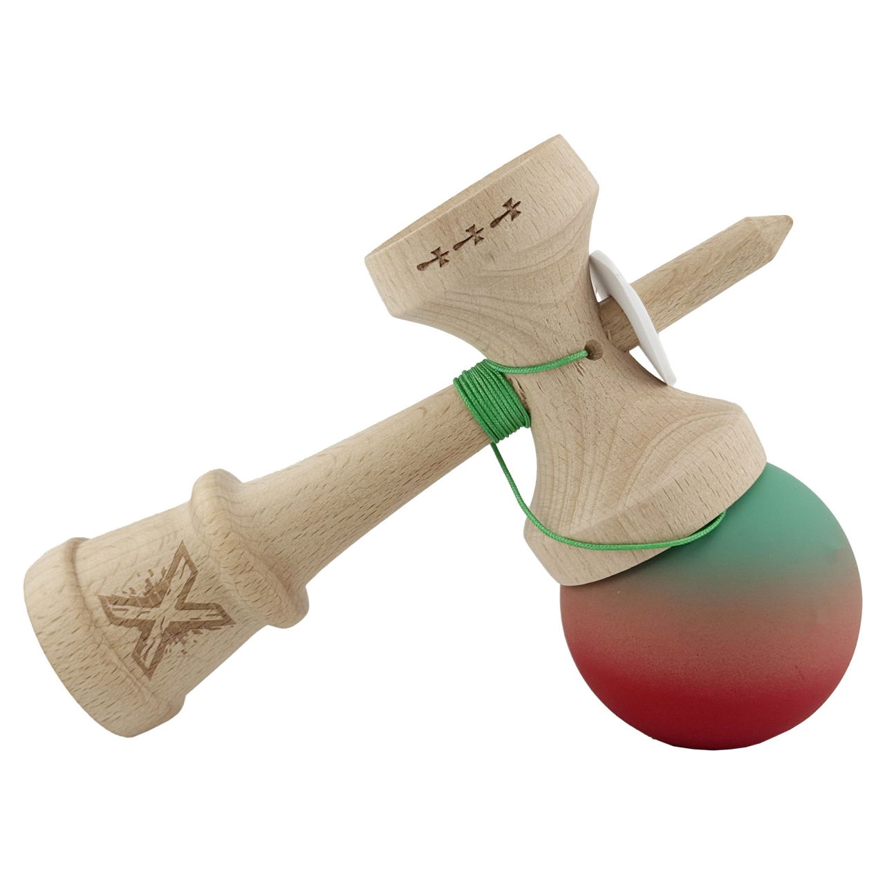 Kendama X Originala, Profesionala, Flippy, Cupe Mari KING SIZE V3, Rubber Grip, Gaura in Baza, Rulment Metalic, din lemn 18 cm, Ata 62/65 cm, Gradient Verde/Roz/Rosu [5]