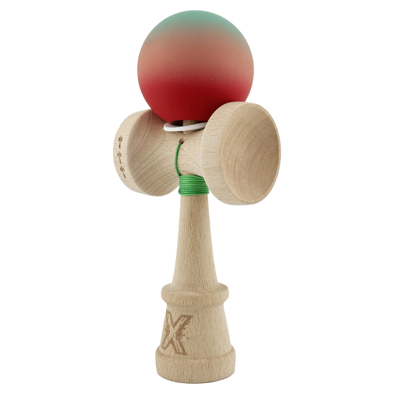 Kendama X Originala, Profesionala, Flippy, Cupe Mari KING SIZE V3, Rubber Grip, Gaura in Baza, Rulment Metalic, din lemn 18 cm, Ata 62/65 cm, Gradient Verde/Roz/Rosu [3]