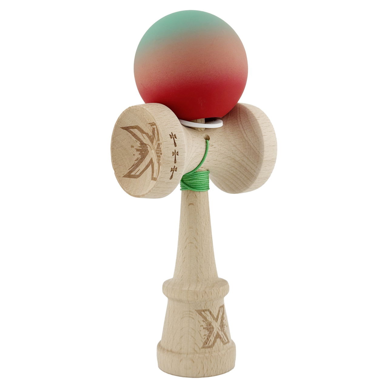 Kendama X Originala, Profesionala, Flippy, Cupe Mari KING SIZE V3, Rubber Grip, Gaura in Baza, Rulment Metalic, din lemn 18 cm, Ata 62/65 cm, Gradient Verde/Roz/Rosu [1]
