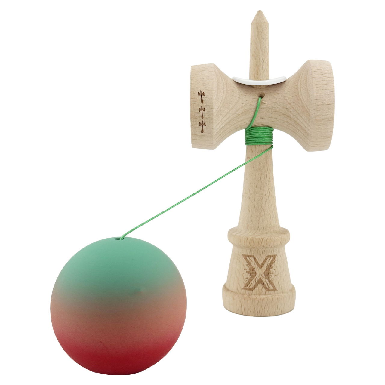 Kendama X Originala, Profesionala, Flippy, Cupe Mari KING SIZE V3, Rubber Grip, Gaura in Baza, Rulment Metalic, din lemn 18 cm, Ata 62/65 cm, Gradient Verde/Roz/Rosu [4]