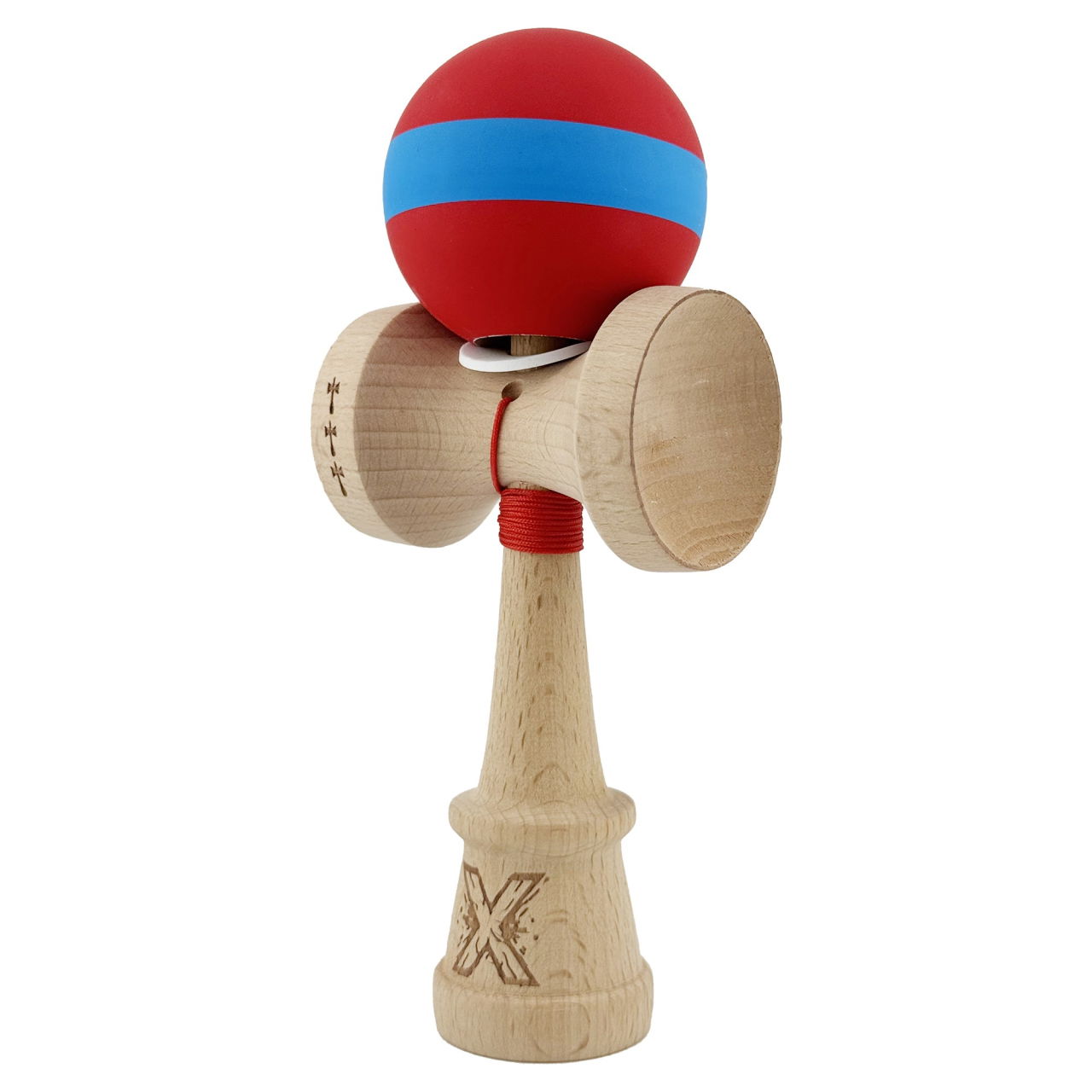 Kendama X Originala, Profesionala, Flippy, Cupe Mari KING SIZE V3, Rubber Grip, Gaura in Baza, Rulment Metalic, din lemn 18 cm, Ata 62/65 cm, M Bicolor Rosu/Albastru [3]