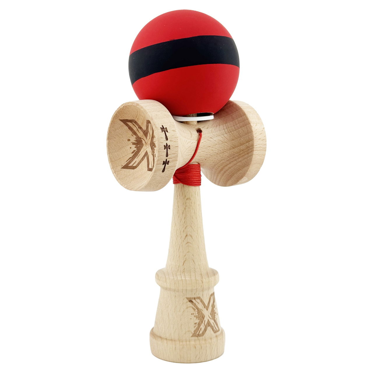 Kendama X Originala, Profesionala, Flippy, Cupe Mari KING SIZE V3, Rubber Grip, Gaura in Baza, Rulment Metalic, din lemn 18 cm, Ata 62/65 cm, M Bicolor Rosu Dublu/Negru [1]