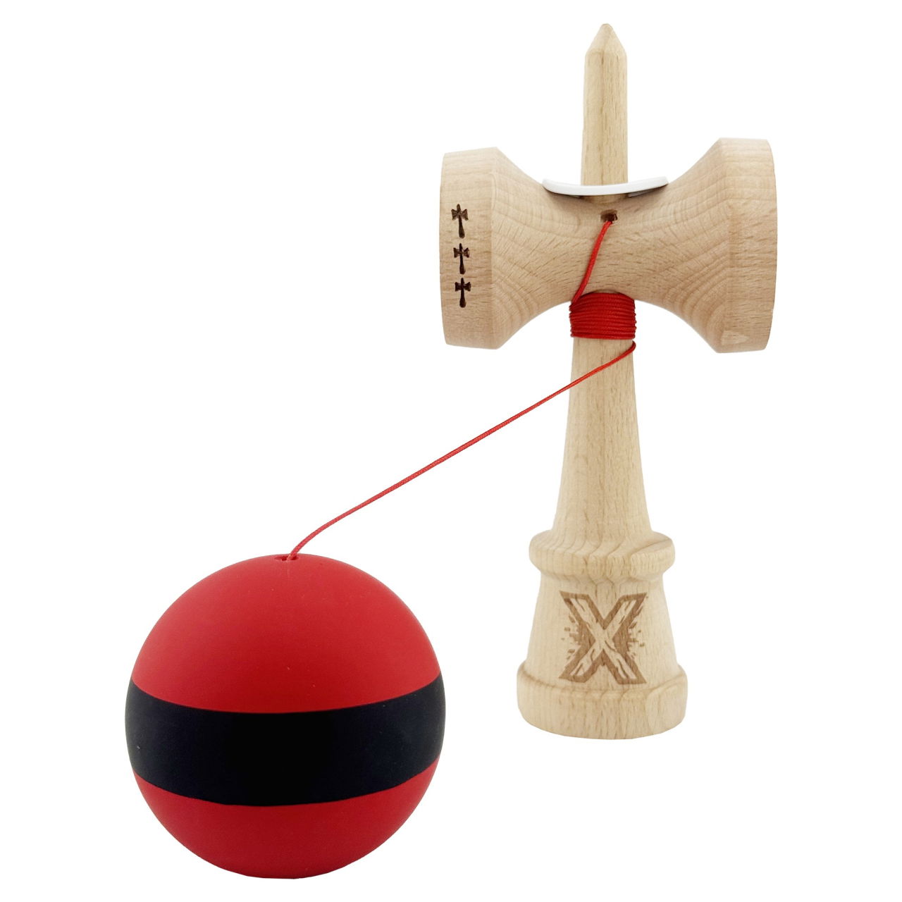 Kendama X Originala, Profesionala, Flippy, Cupe Mari KING SIZE V3, Rubber Grip, Gaura in Baza, Rulment Metalic, din lemn 18 cm, Ata 62/65 cm, M Bicolor Rosu Dublu/Negru [4]