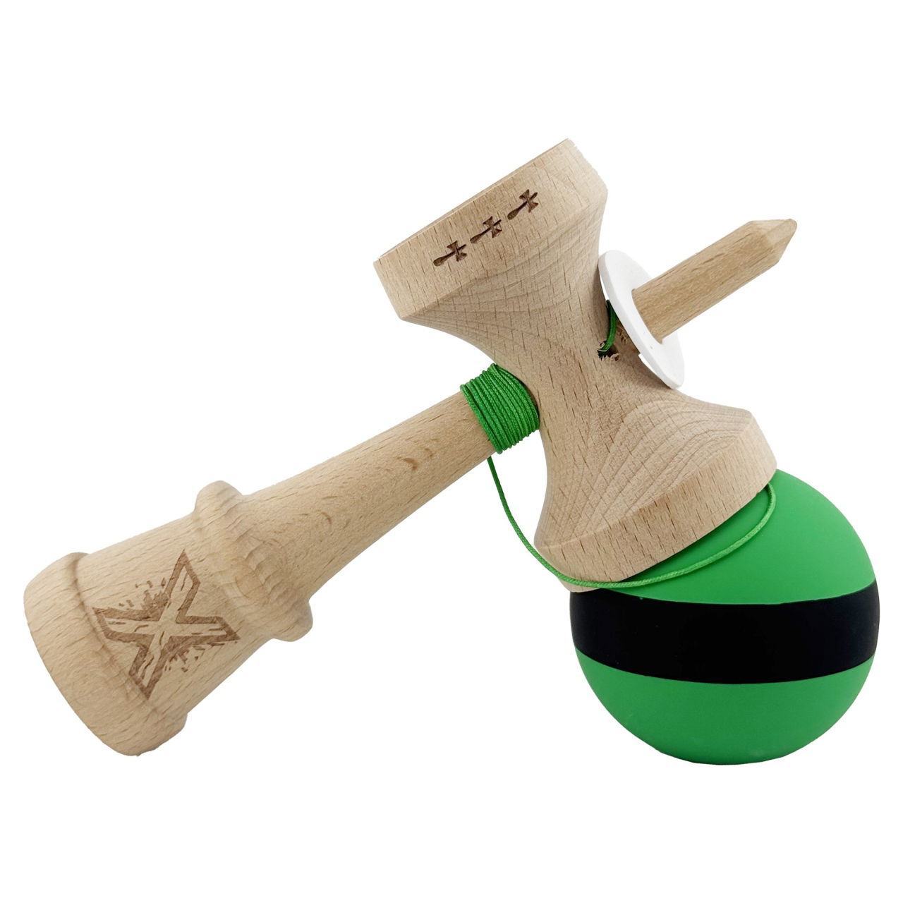 Kendama X Originala, Profesionala, Flippy, Cupe Mari KING SIZE V3, Rubber Grip, Gaura in Baza, Rulment Metalic, din lemn 18 cm, Ata 62/65 cm, M Bicolor Verde Dublu/Negru [5]