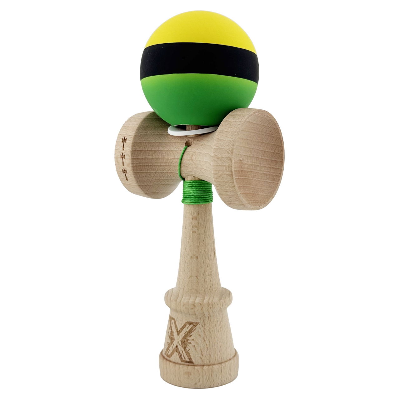 Kendama X Originala, Profesionala, Flippy, Cupe Mari KING SIZE V3, Rubber Grip, Gaura in Baza, Rulment Metalic, din lemn 18 cm, Ata 62/65 cm, M Galben/Negru/Verde [3]