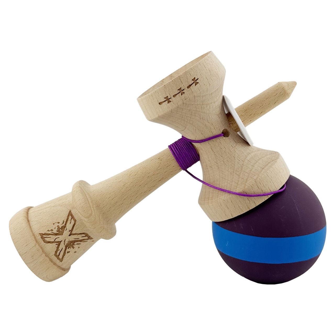 Kendama X Originala, Profesionala, Flippy, Cupe Mari KING SIZE V3, Rubber Grip, Gaura in Baza, Rulment Metalic, din lemn 18 cm, Ata 62/65 cm, M Mov/Albastru/Mov [5]