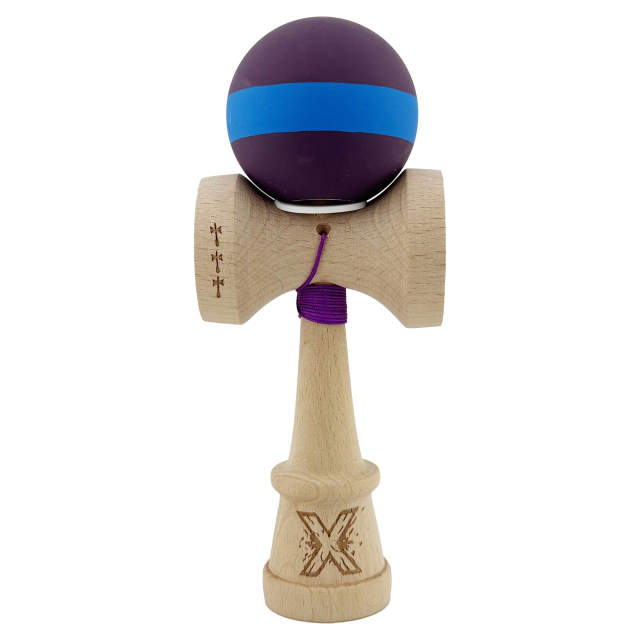 Kendama X Originala, Profesionala, Flippy, Cupe Mari KING SIZE V3, Rubber Grip, Gaura in Baza, Rulment Metalic, din lemn 18 cm, Ata 62/65 cm, M Mov/Albastru/Mov [2]