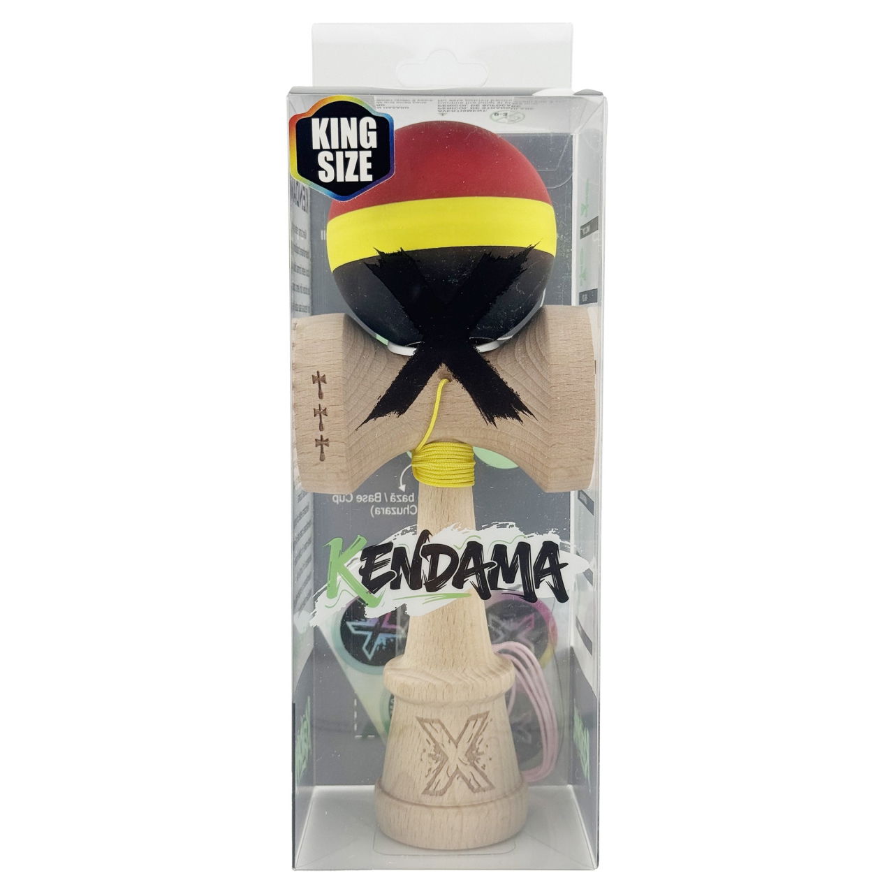 Kendama X Originala, Profesionala, Flippy, Cupe Mari KING SIZE V3, Rubber Grip, Gaura in Baza, Rulment Metalic, din lemn 18 cm, Ata 62/65 cm, M Rosu/Galben/Negru [6]