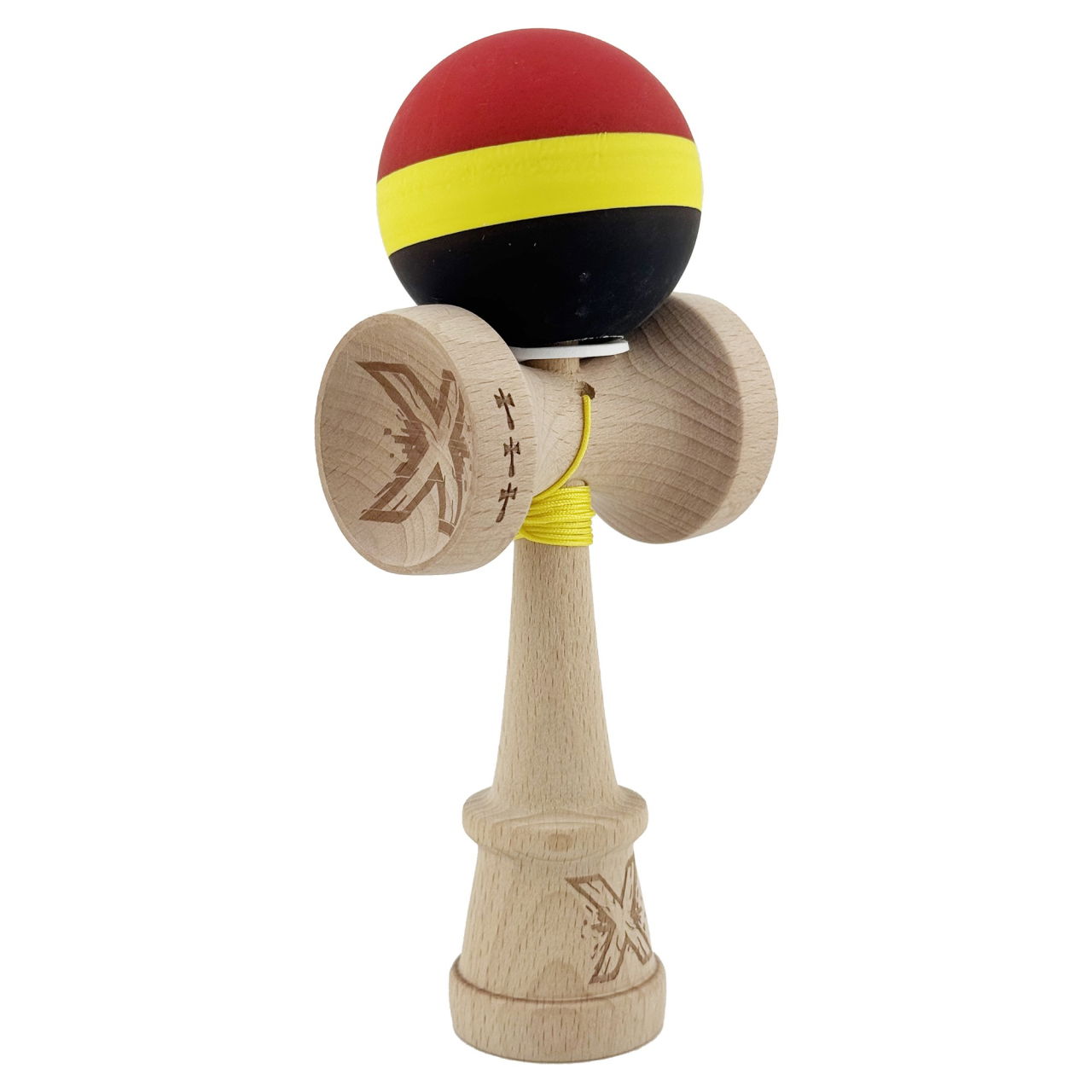 Kendama X Originala, Profesionala, Flippy, Cupe Mari KING SIZE V3, Rubber Grip, Gaura in Baza, Rulment Metalic, din lemn 18 cm, Ata 62/65 cm, M Rosu/Galben/Negru [1]