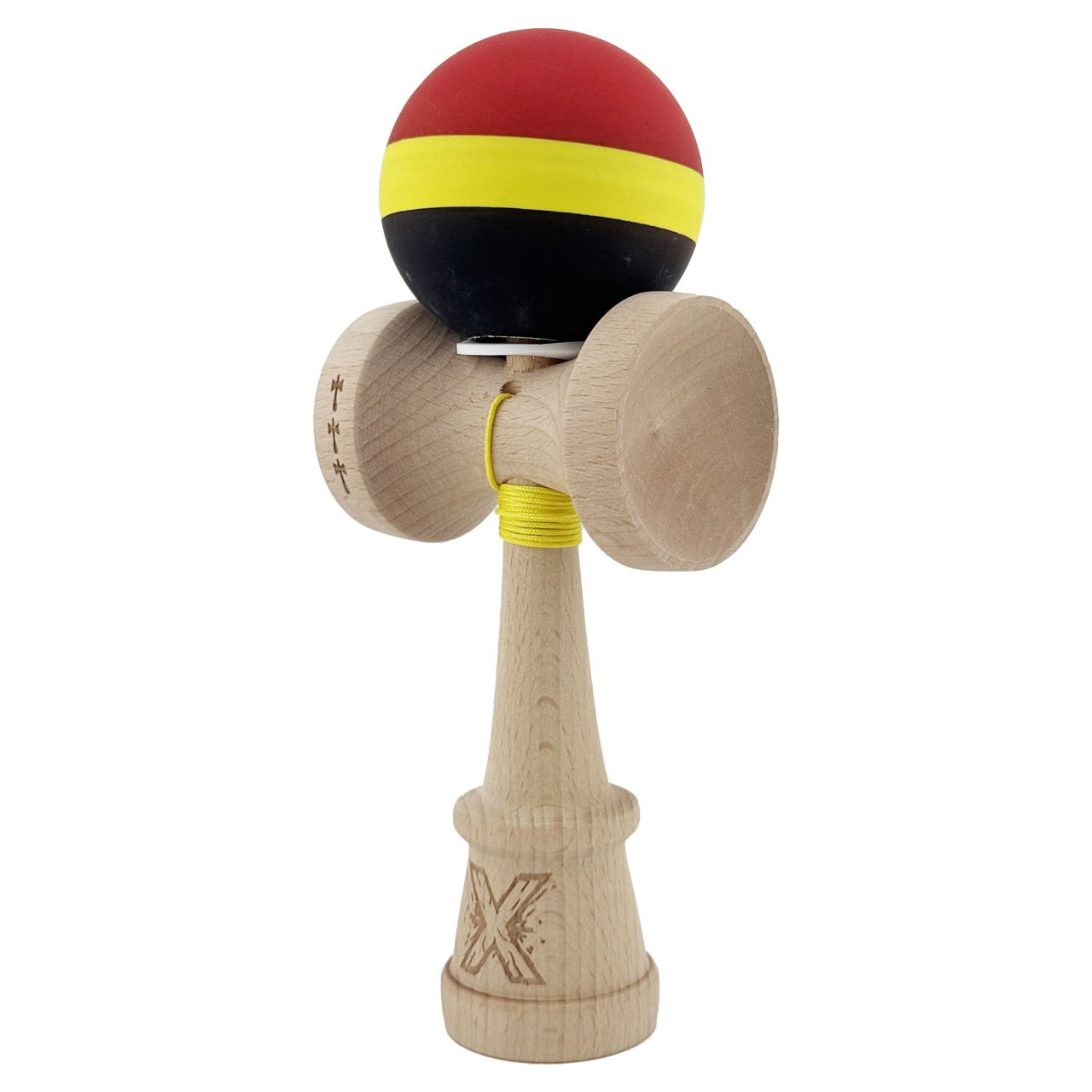 Kendama X Originala, Profesionala, Flippy, Cupe Mari KING SIZE V3, Rubber Grip, Gaura in Baza, Rulment Metalic, din lemn 18 cm, Ata 62/65 cm, M Rosu/Galben/Negru [3]