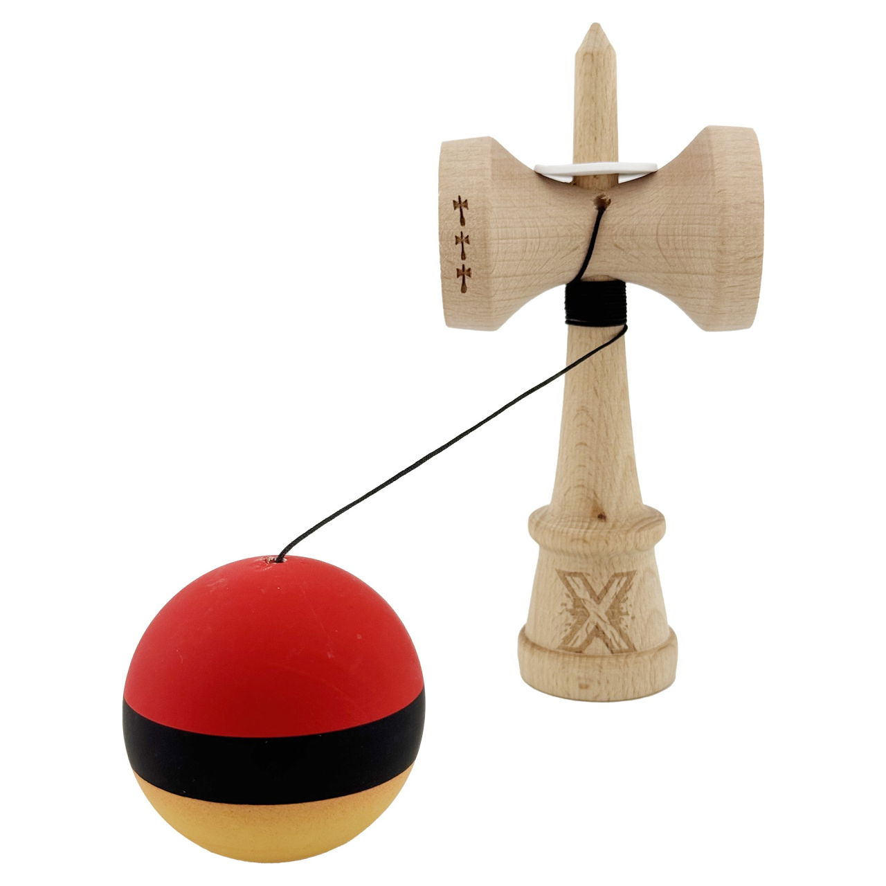 Kendama X Originala, Profesionala, Flippy, Cupe Mari KING SIZE V3, Rubber Grip, Gaura in Baza, Rulment Metalic, din lemn 18 cm, Ata 62/65 cm, M Rosu/Negru/Galben [4]