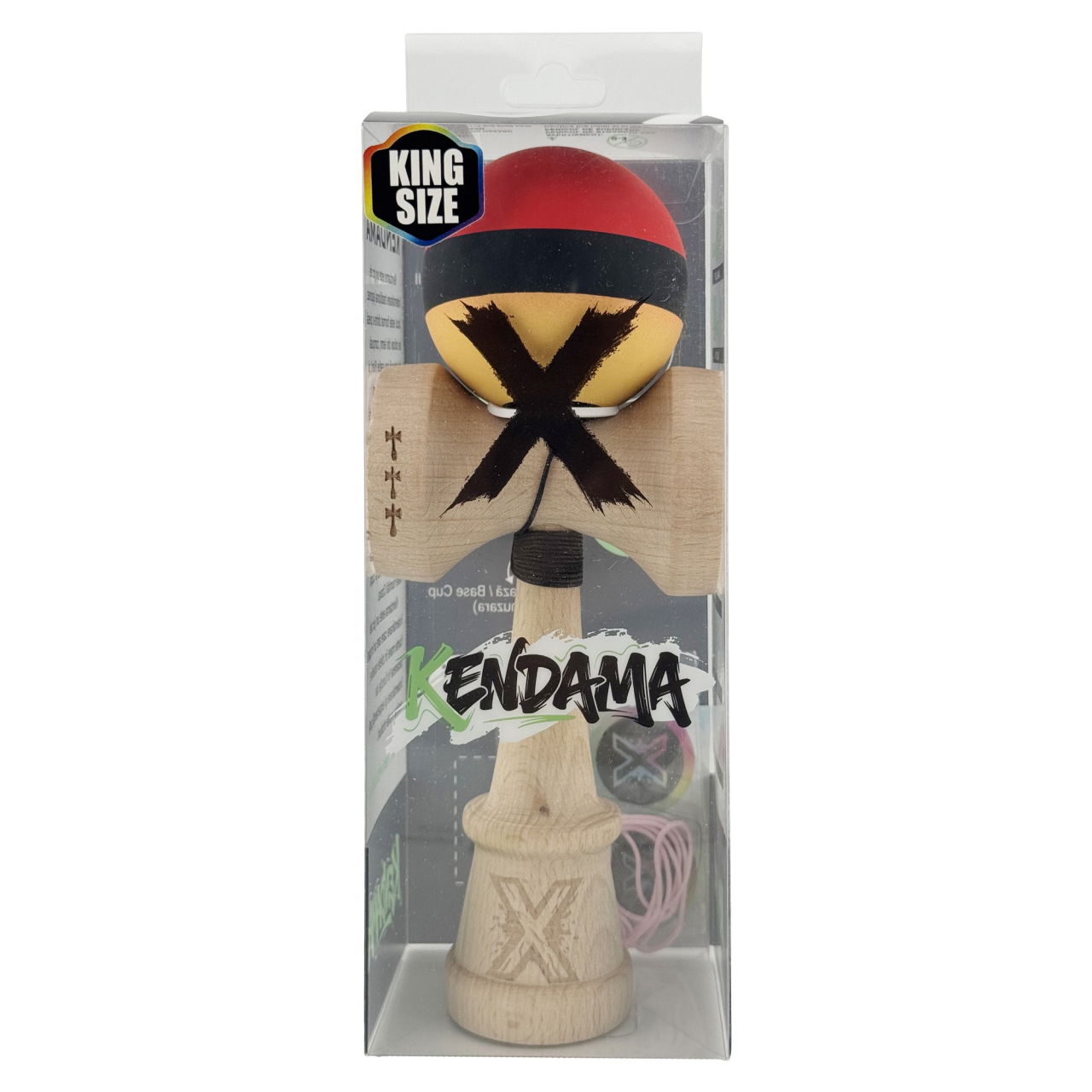 Kendama X Originala, Profesionala, Flippy, Cupe Mari KING SIZE V3, Rubber Grip, Gaura in Baza, Rulment Metalic, din lemn 18 cm, Ata 62/65 cm, M Rosu/Negru/Galben [6]