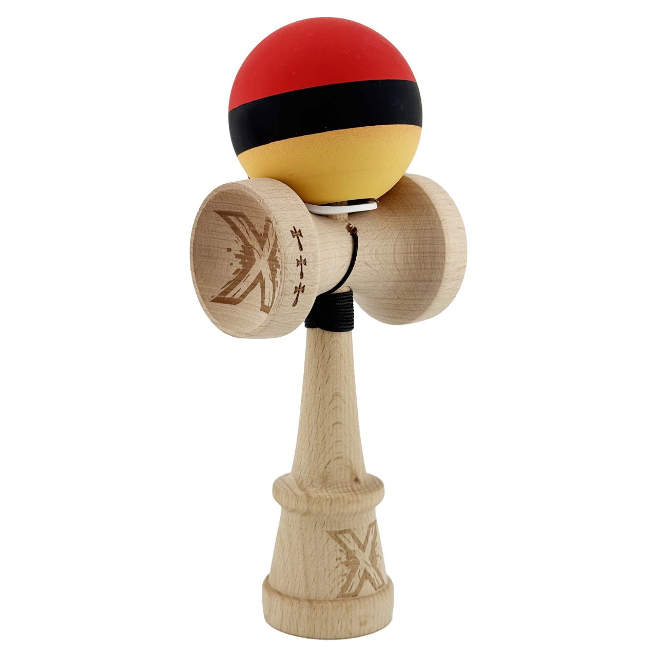 Kendama X Originala, Profesionala, Flippy, Cupe Mari KING SIZE V3, Rubber Grip, Gaura in Baza, Rulment Metalic, din lemn 18 cm, Ata 62/65 cm, M Rosu/Negru/Galben [1]