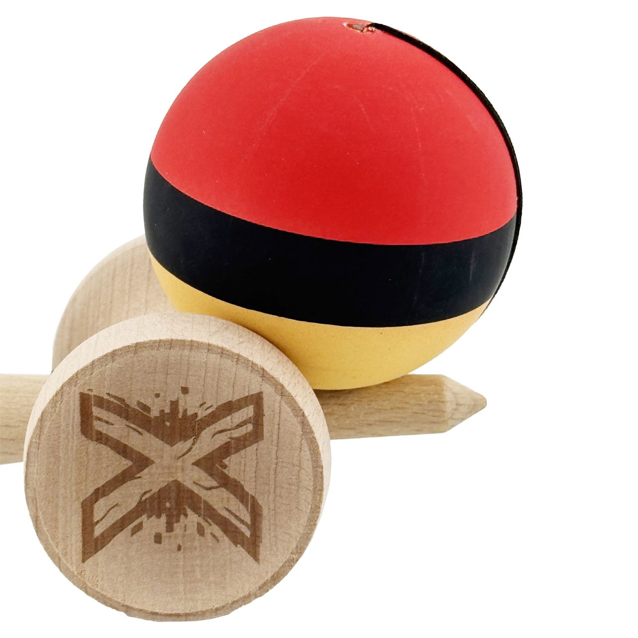 Kendama X Originala, Profesionala, Flippy, Cupe Mari KING SIZE V3, Rubber Grip, Gaura in Baza, Rulment Metalic, din lemn 18 cm, Ata 62/65 cm, M Rosu/Negru/Galben [9]
