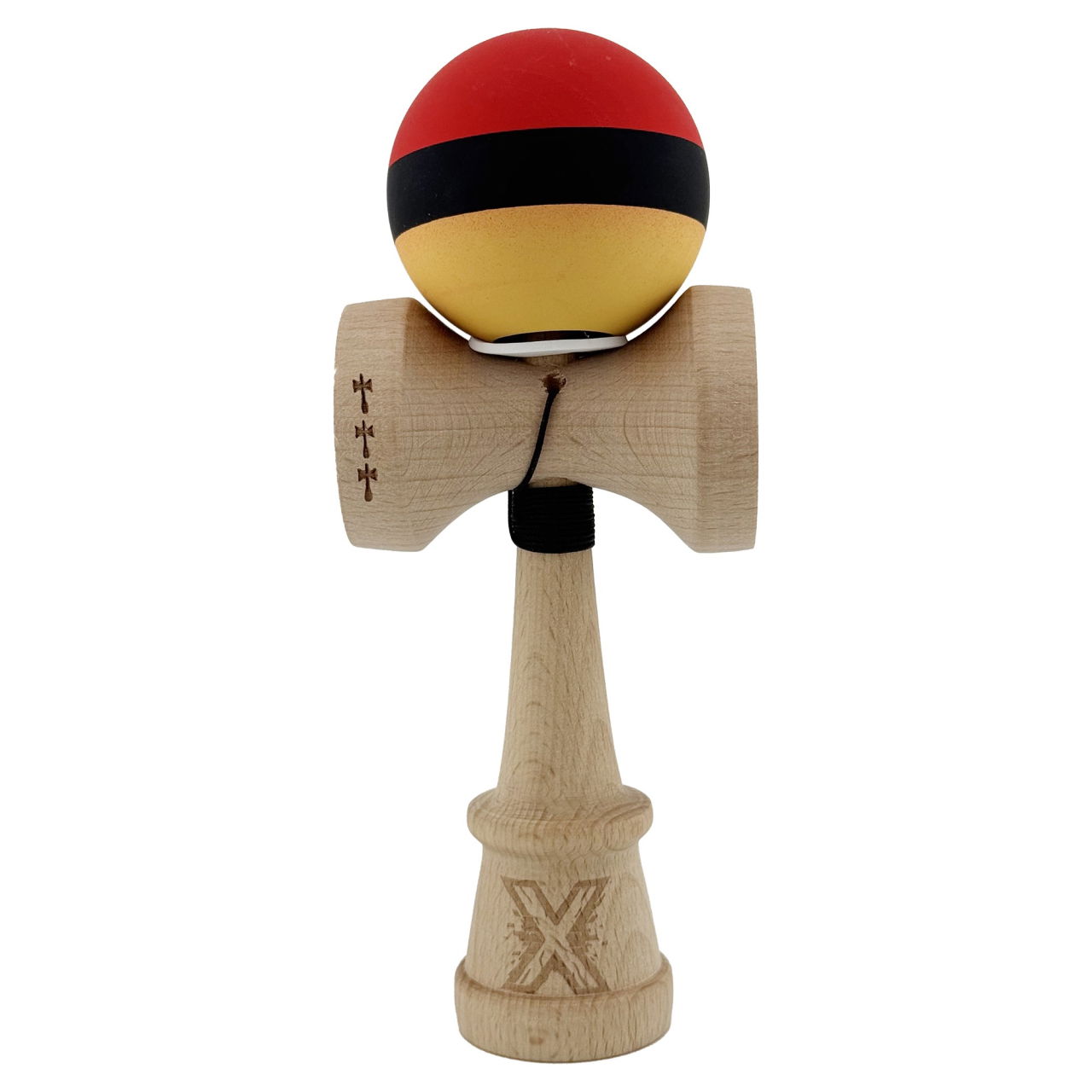 Kendama X Originala, Profesionala, Flippy, Cupe Mari KING SIZE V3, Rubber Grip, Gaura in Baza, Rulment Metalic, din lemn 18 cm, Ata 62/65 cm, M Rosu/Negru/Galben [2]