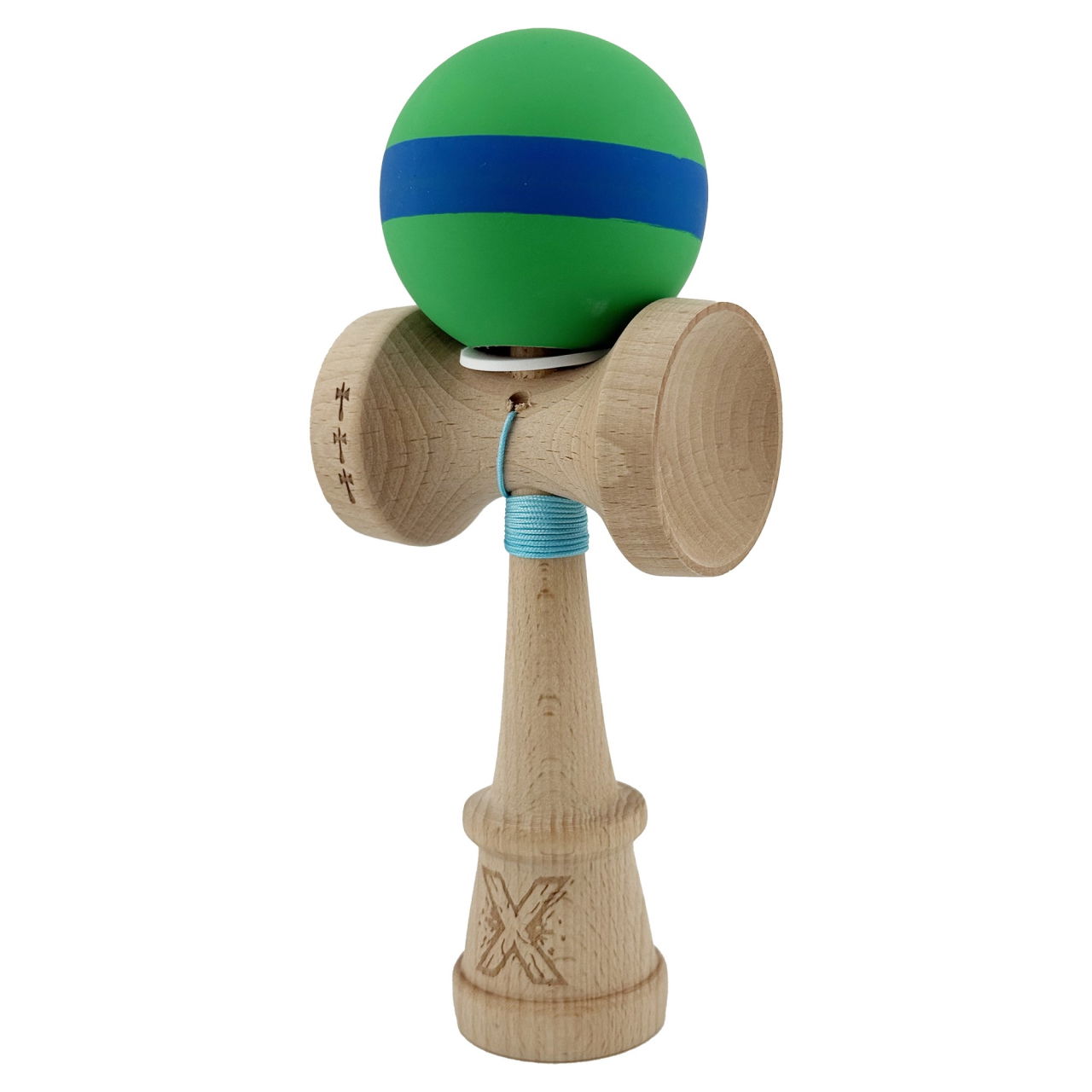 Kendama X Originala, Profesionala, Flippy, Cupe Mari KING SIZE V3, Rubber Grip, Gaura in Baza, Rulment Metalic, din lemn 18 cm, Ata 62/65 cm, M Verde/Albastru/Verde [3]
