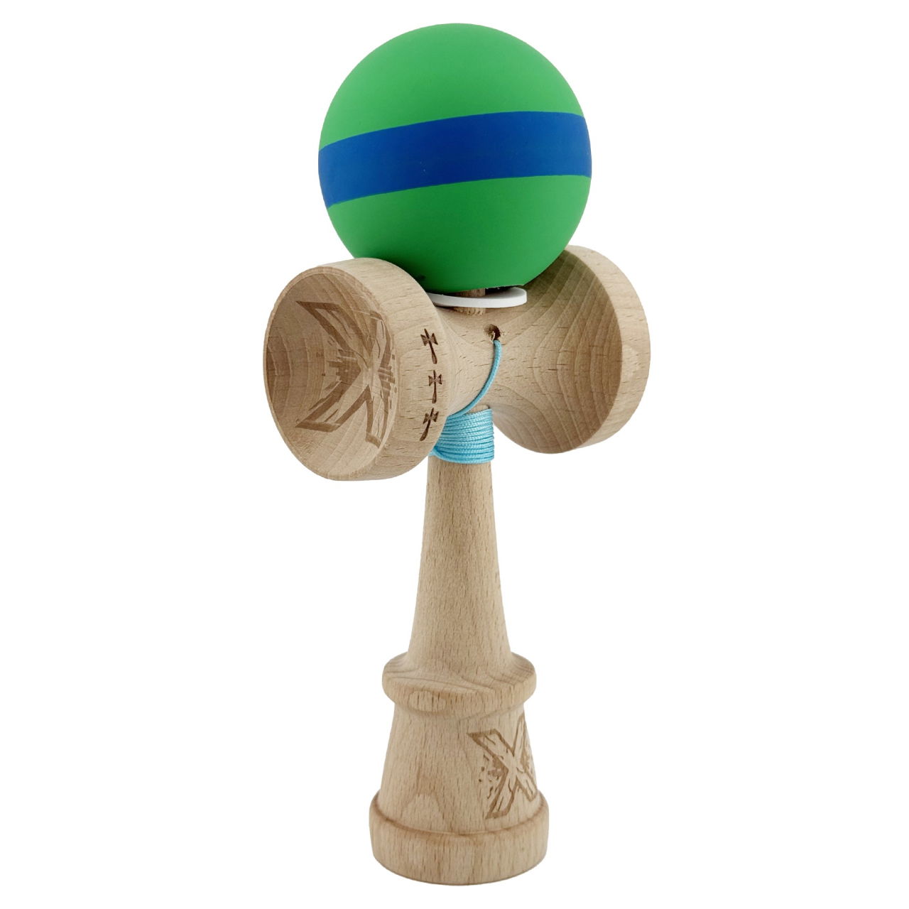 Kendama X Originala, Profesionala, Flippy, Cupe Mari KING SIZE V3, Rubber Grip, Gaura in Baza, Rulment Metalic, din lemn 18 cm, Ata 62/65 cm, M Verde/Albastru/Verde [1]