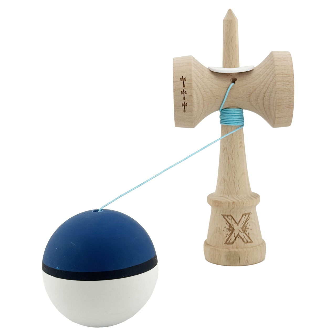 Kendama X Originala, Profesionala, Flippy, Cupe Mari KING SIZE V3, Rubber Grip, Gaura in Baza, Rulment Metalic, din lemn 18 cm, Ata 62/65 cm, S Bicolor Albastru inchis/Alb [4]