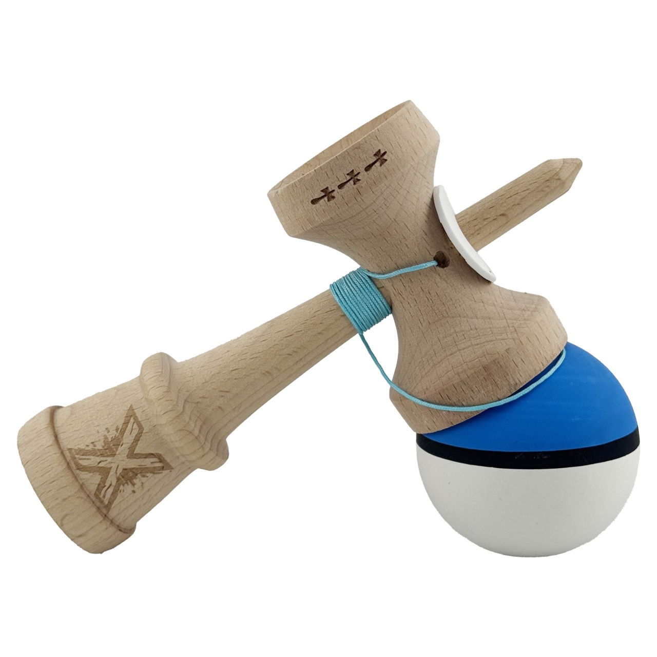 Kendama X Originala, Profesionala, Flippy, Cupe Mari KING SIZE V3, Rubber Grip, Gaura in Baza, Rulment Metalic, din lemn 18 cm, Ata 62/65 cm, S Bicolor Albastru/Alb [5]