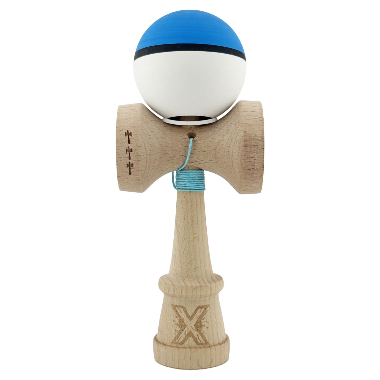 Kendama X Originala, Profesionala, Flippy, Cupe Mari KING SIZE V3, Rubber Grip, Gaura in Baza, Rulment Metalic, din lemn 18 cm, Ata 62/65 cm, S Bicolor Albastru/Alb [2]