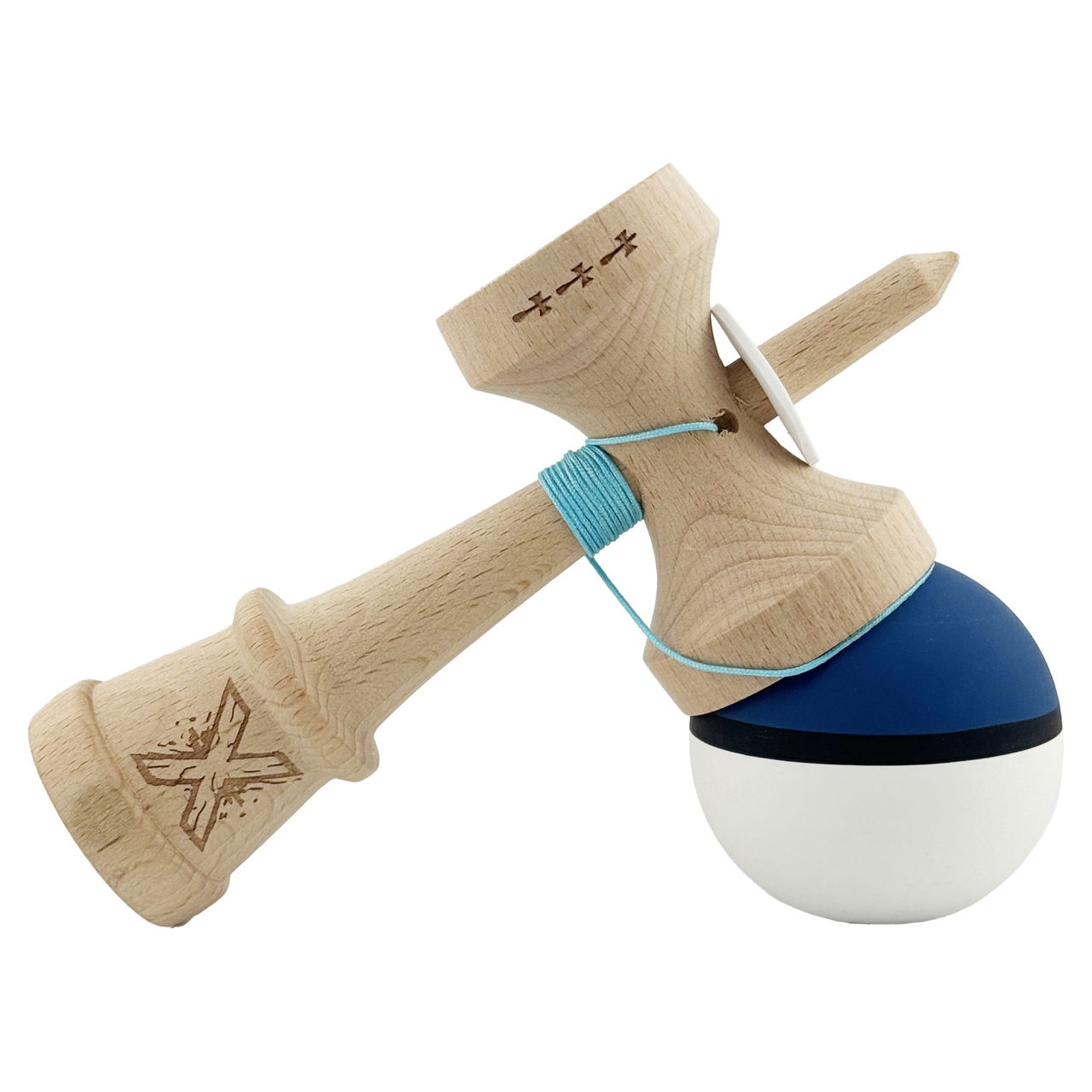 Kendama X Originala, Profesionala, Flippy, Cupe Mari KING SIZE V3, Rubber Grip, Gaura in Baza, Rulment Metalic, din lemn 18 cm, Ata 62/65 cm, S Bicolor Albastru inchis/Alb [5]