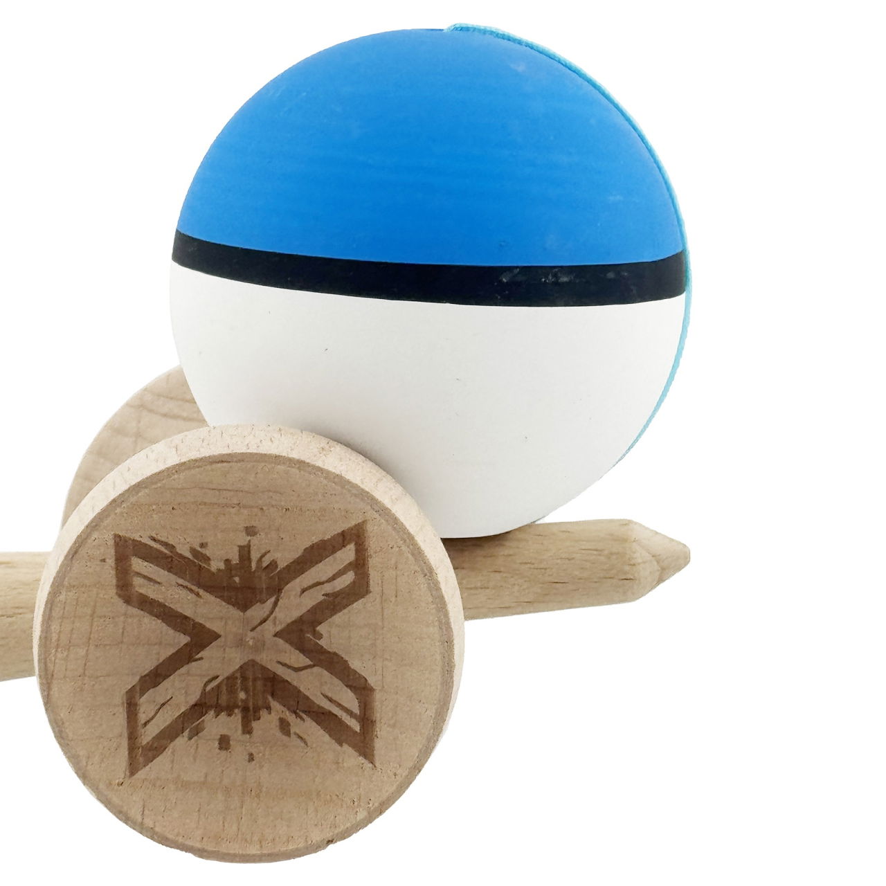Kendama X Originala, Profesionala, Flippy, Cupe Mari KING SIZE V3, Rubber Grip, Gaura in Baza, Rulment Metalic, din lemn 18 cm, Ata 62/65 cm, S Bicolor Albastru/Alb [9]