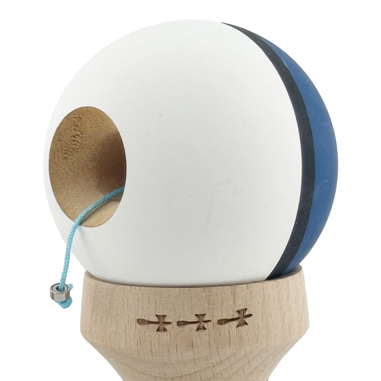 Kendama X Originala, Profesionala, Flippy, Cupe Mari KING SIZE V3, Rubber Grip, Gaura in Baza, Rulment Metalic, din lemn 18 cm, Ata 62/65 cm, S Bicolor Albastru inchis/Alb [7]