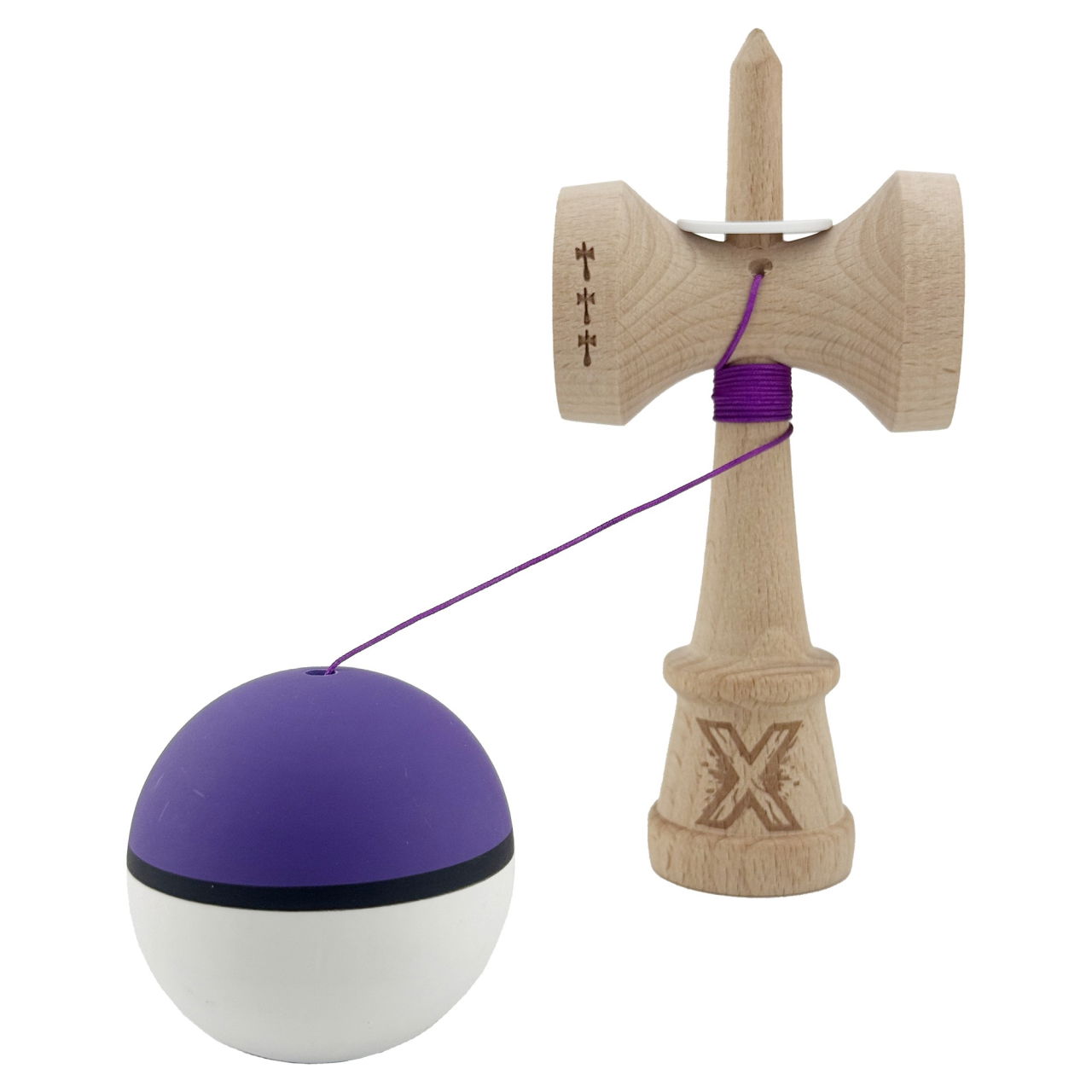 Kendama X Originala, Profesionala, Flippy, Cupe Mari KING SIZE V3, Rubber Grip, Gaura in Baza, Rulment Metalic, din lemn 18 cm, Ata 62/65 cm, S Bicolor Mov/Alb [4]