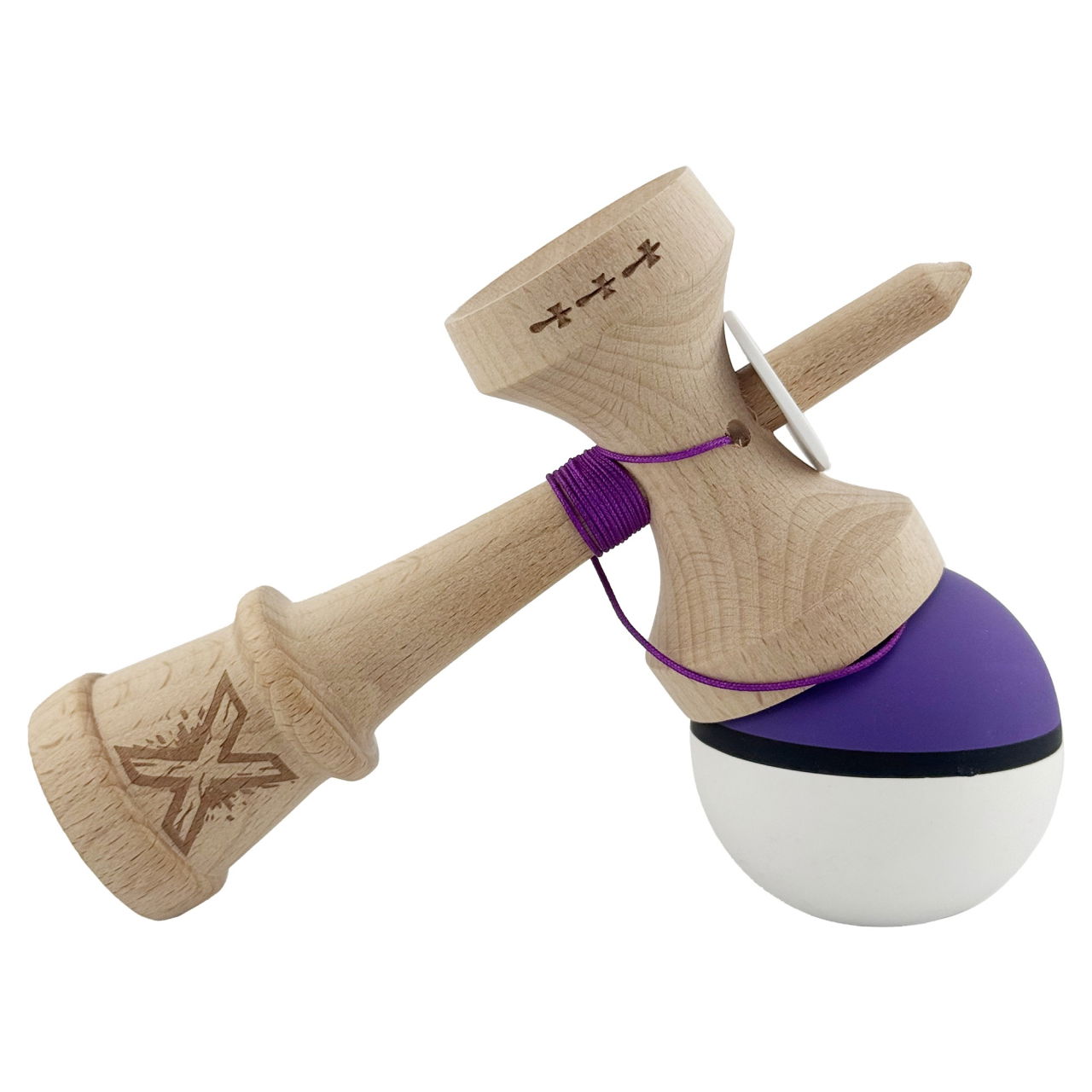Kendama X Originala, Profesionala, Flippy, Cupe Mari KING SIZE V3, Rubber Grip, Gaura in Baza, Rulment Metalic, din lemn 18 cm, Ata 62/65 cm, S Bicolor Mov/Alb [10]