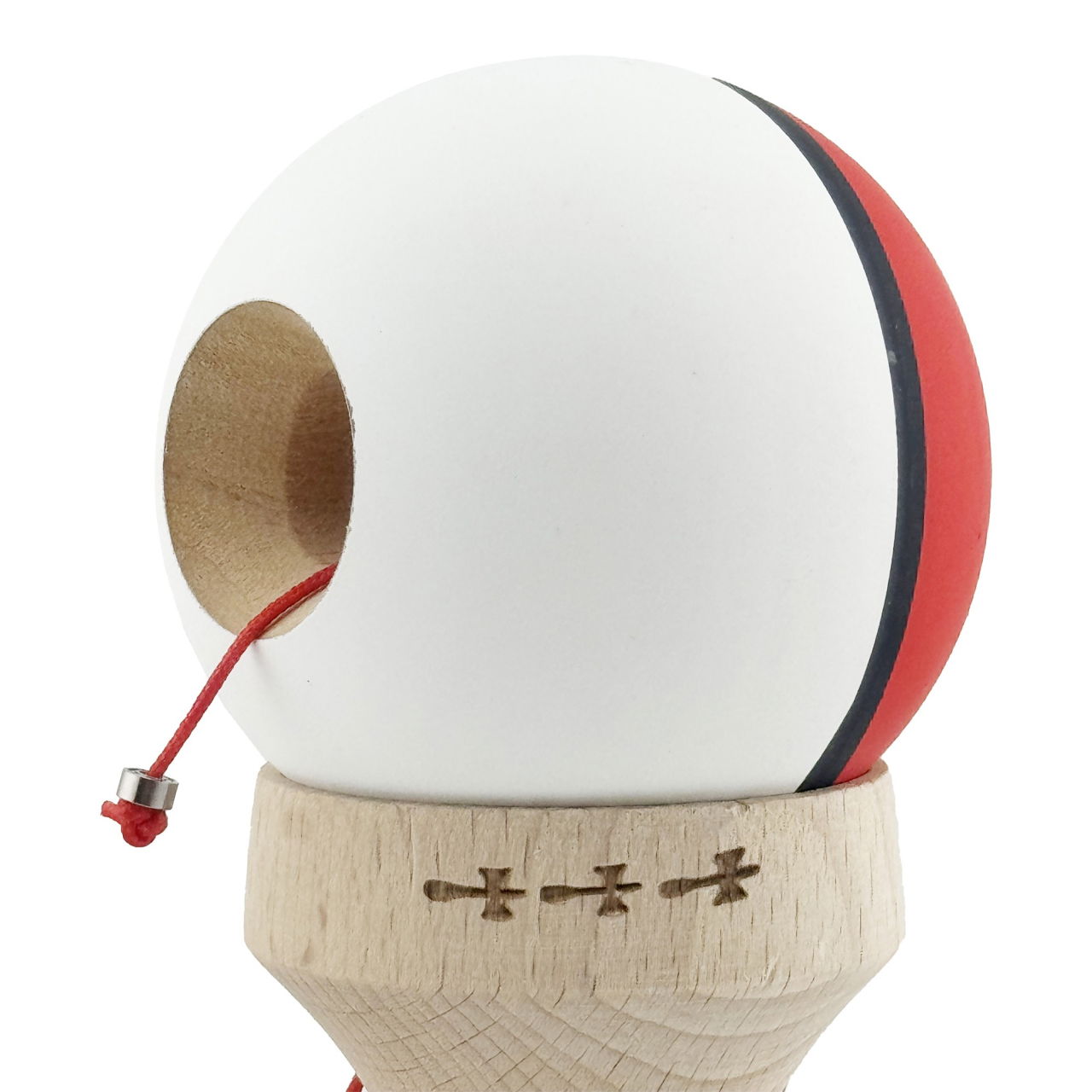 Kendama X Originala, Profesionala, Flippy, Cupe Mari KING SIZE V3, Rubber Grip, Gaura in Baza, Rulment Metalic, din lemn 18 cm, Ata 62/65 cm, S Bicolor Rosu/Alb [7]