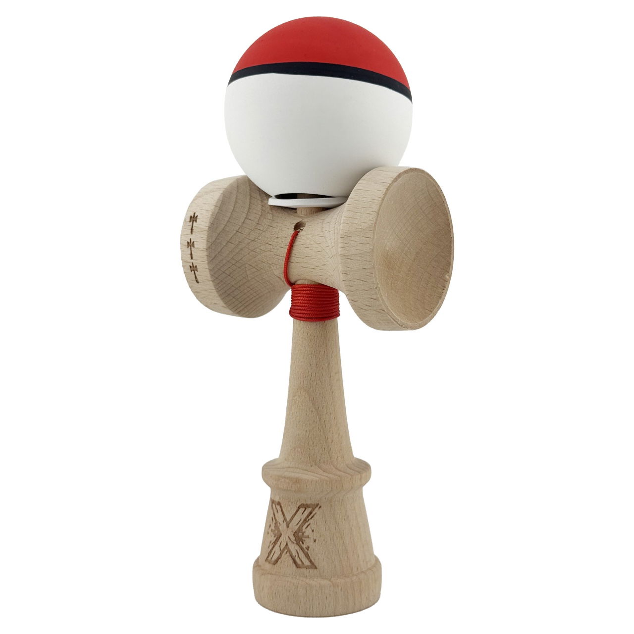 Kendama X Originala, Profesionala, Flippy, Cupe Mari KING SIZE V3, Rubber Grip, Gaura in Baza, Rulment Metalic, din lemn 18 cm, Ata 62/65 cm, S Bicolor Rosu/Alb [3]