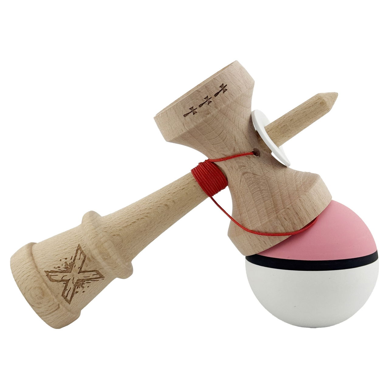 Kendama X Originala, Profesionala, Flippy, Cupe Mari KING SIZE V3, Rubber Grip, Gaura in Baza, Rulment Metalic, din lemn 18 cm, Ata 62/65 cm, S Bicolor Roz/Alb [5]