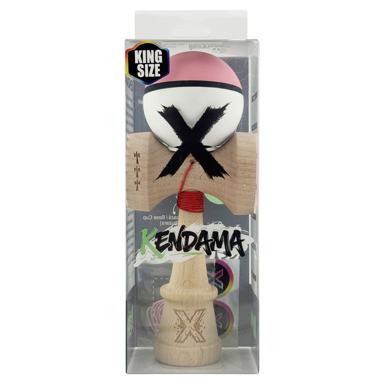 Kendama X Originala, Profesionala, Flippy, Cupe Mari KING SIZE V3, Rubber Grip, Gaura in Baza, Rulment Metalic, din lemn 18 cm, Ata 62/65 cm, S Bicolor Roz/Alb [6]