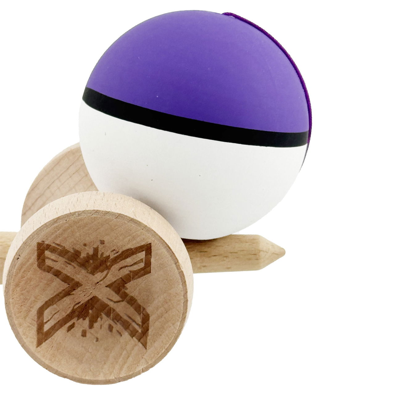 Kendama X Originala, Profesionala, Flippy, Cupe Mari KING SIZE V3, Rubber Grip, Gaura in Baza, Rulment Metalic, din lemn 18 cm, Ata 62/65 cm, S Bicolor Violet/Alb [9]