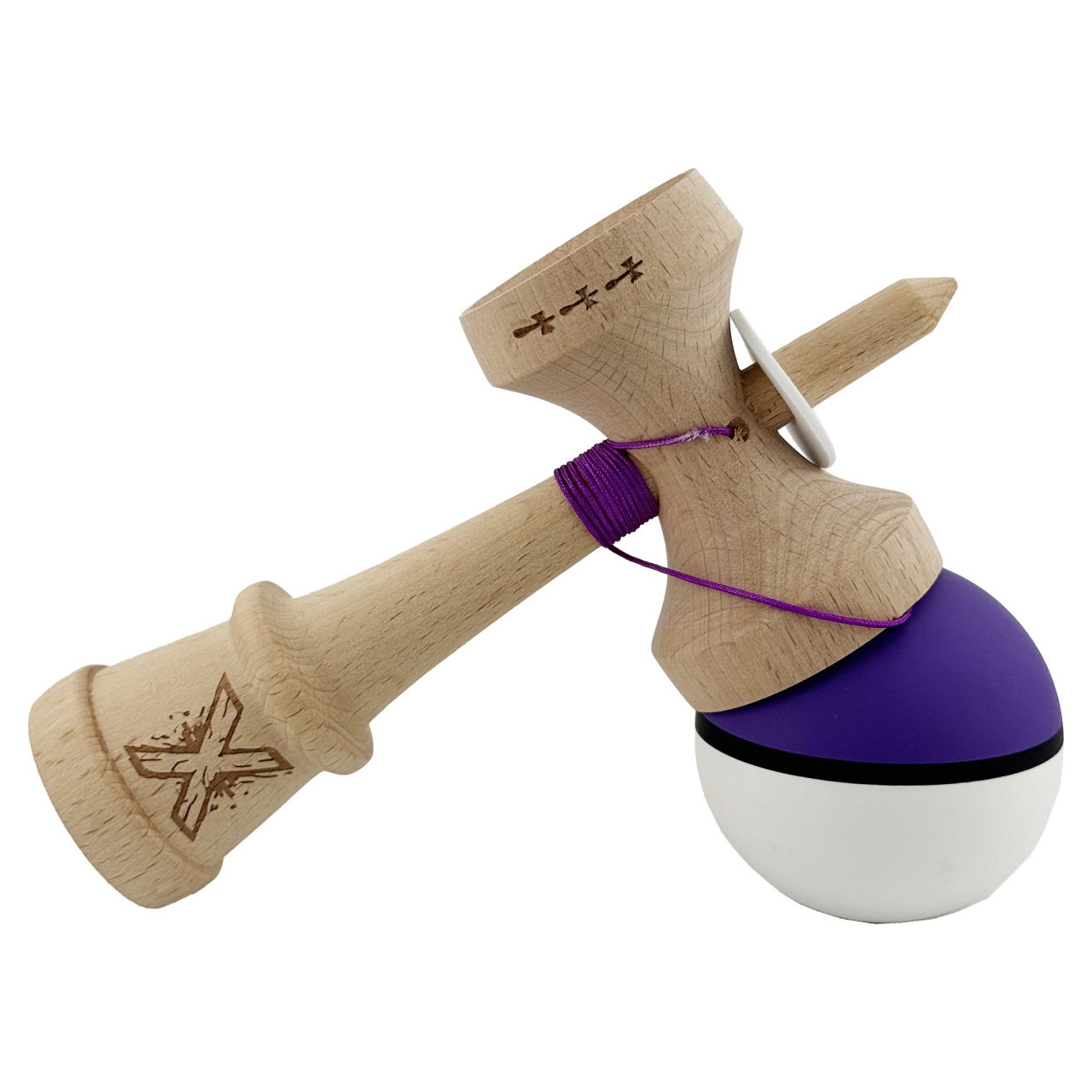 Kendama X Originala, Profesionala, Flippy, Cupe Mari KING SIZE V3, Rubber Grip, Gaura in Baza, Rulment Metalic, din lemn 18 cm, Ata 62/65 cm, S Bicolor Violet/Alb [5]