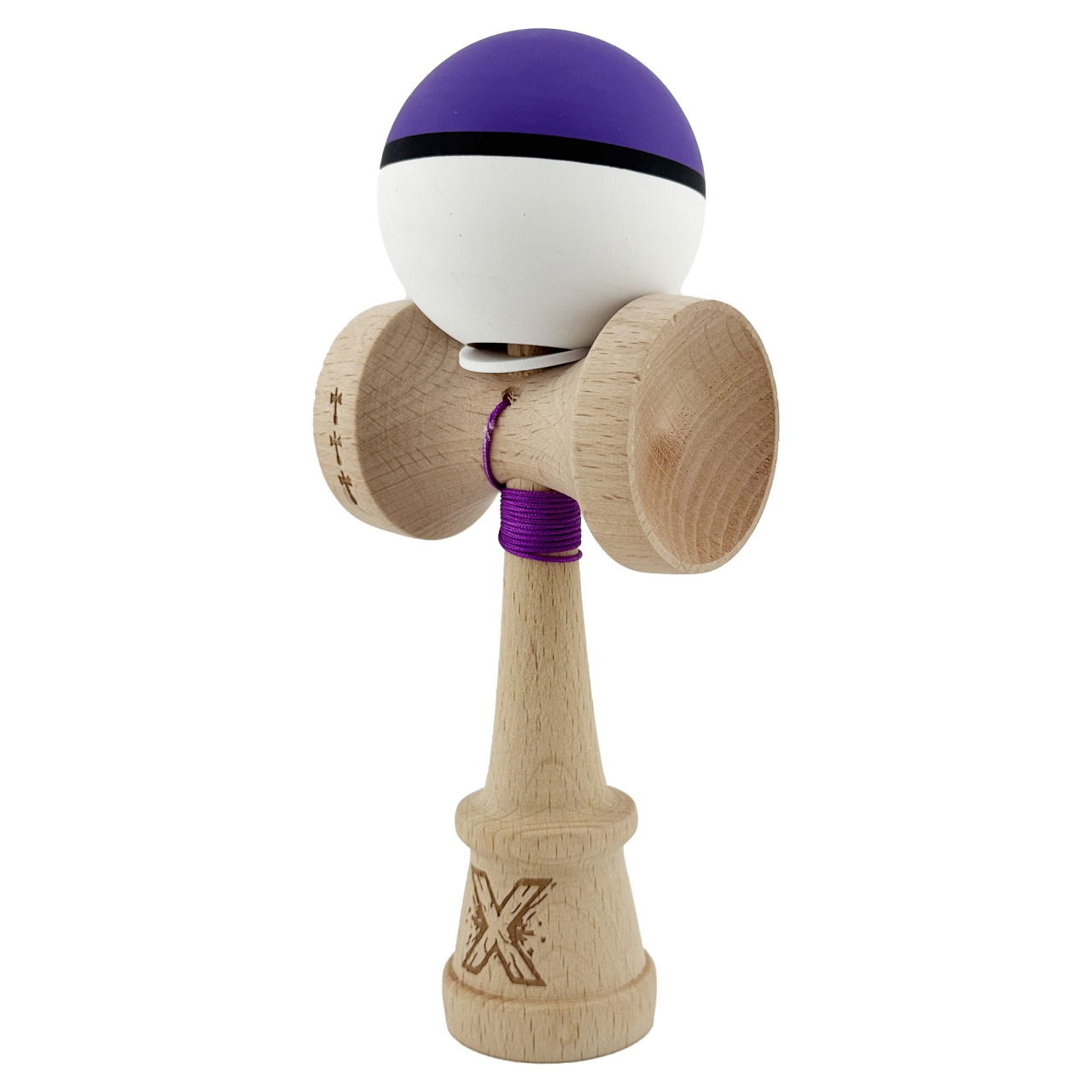 Kendama X Originala, Profesionala, Flippy, Cupe Mari KING SIZE V3, Rubber Grip, Gaura in Baza, Rulment Metalic, din lemn 18 cm, Ata 62/65 cm, S Bicolor Violet/Alb [3]